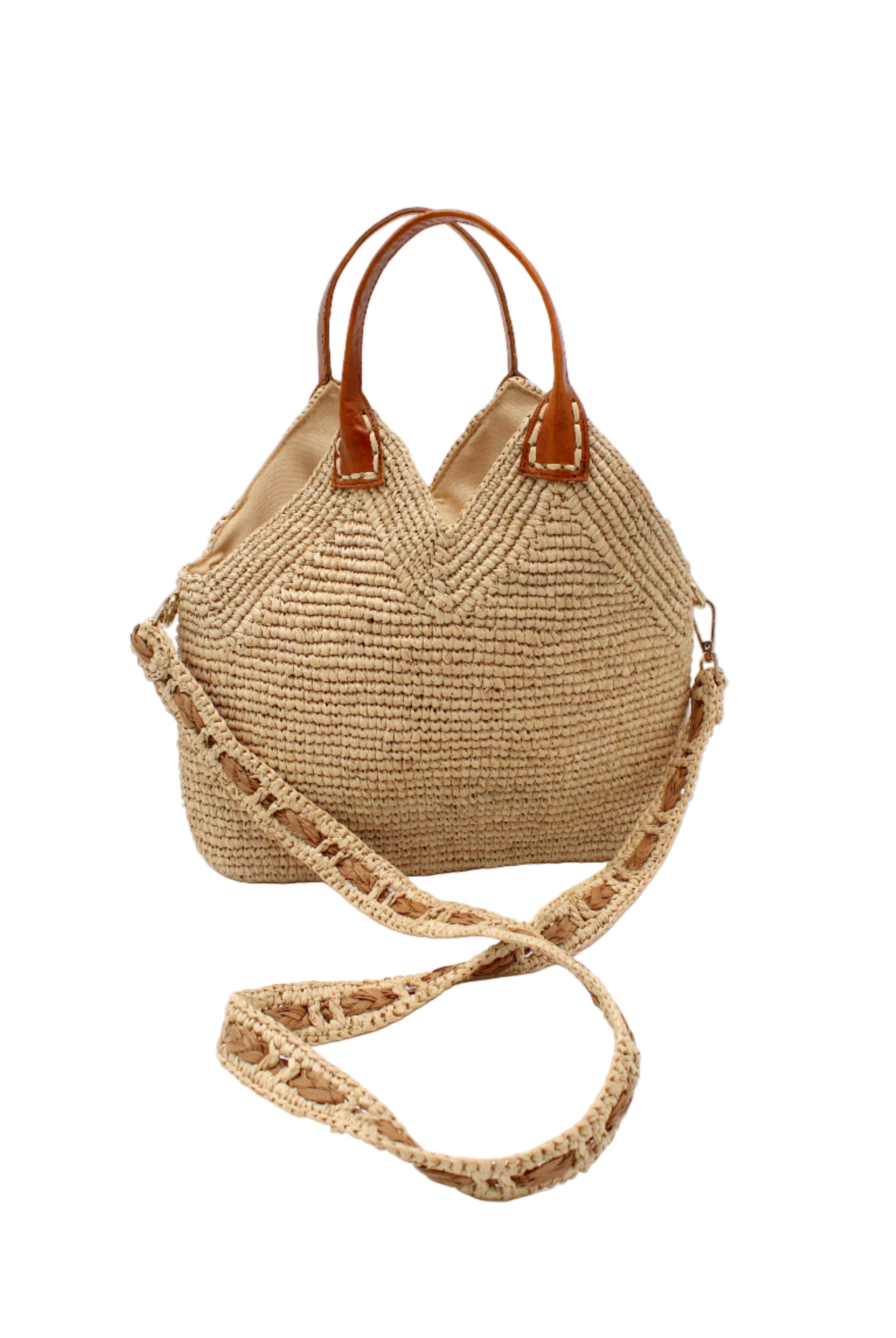 Victoria Crochet Straw Handbag Convertible Crossbody Bag handmade crochet natural raffia palm fiber in a solid hue of natural straw color in a subtle texture of horizontal link bands pattern across the bag and m shape around the top of the bag with brown leather handles and removable two tone natural and cappuccino tea/light/brown crossbody strap convertible purse - Shebobo
