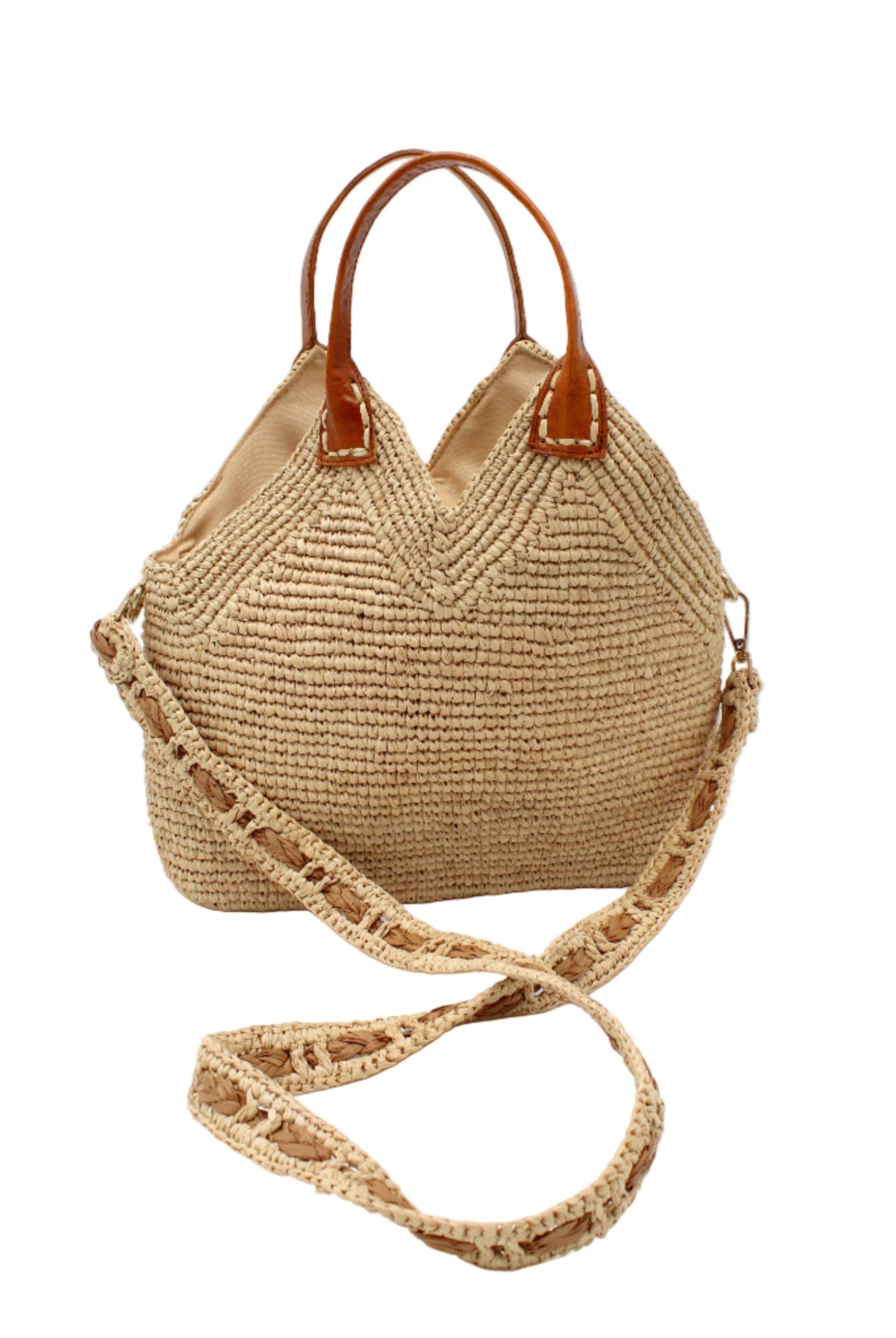Victoria Crochet Straw Handbag Convertible Crossbody Bag handmade crochet natural raffia palm fiber in a solid hue of natural straw color in a subtle texture of horizontal link bands pattern across the bag and m shape around the top of the bag with brown leather handles and removable two tone natural and cappuccino tea/light/brown crossbody strap convertible purse - Shebobo