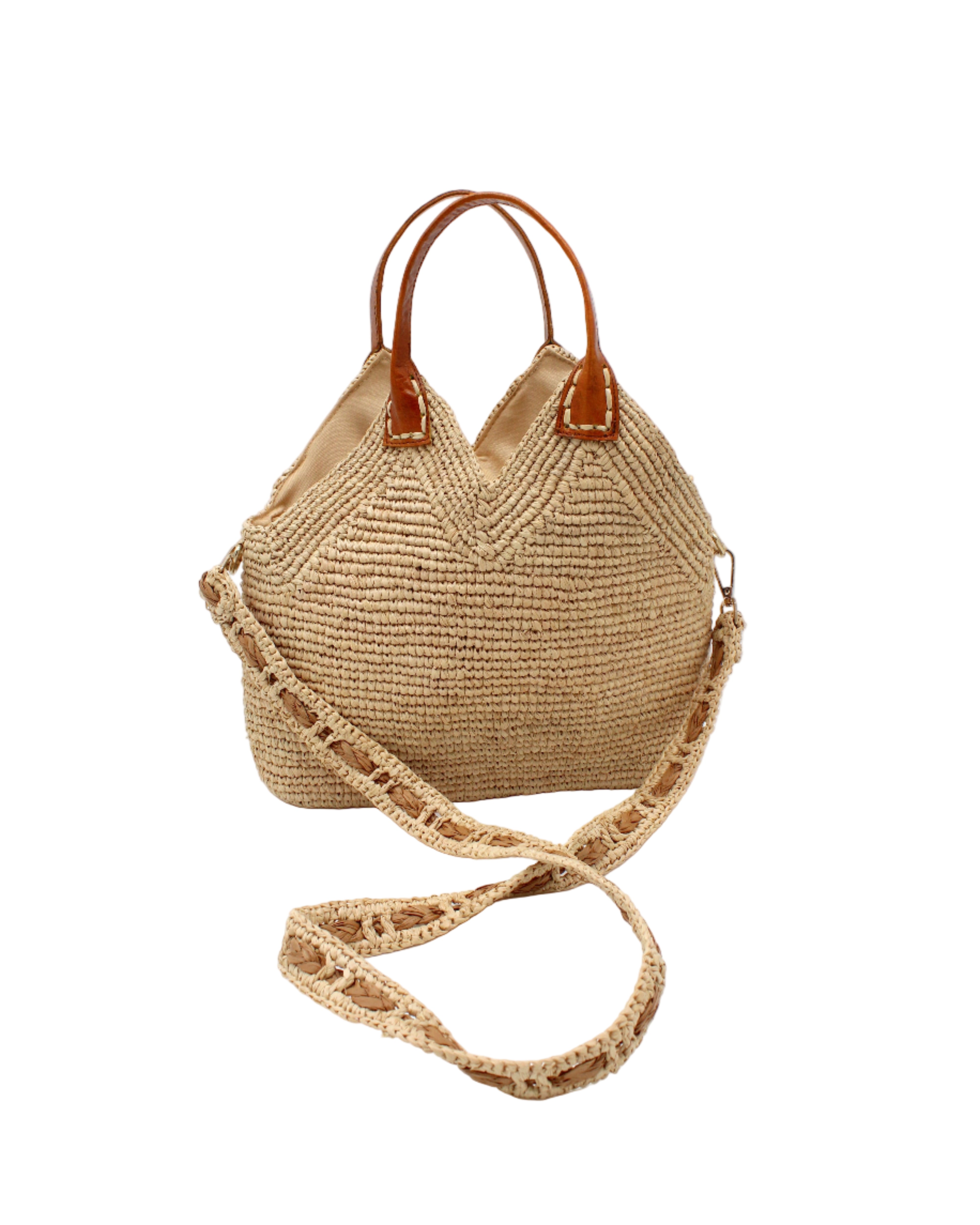 Victoria Crochet Straw Handbag Convertible Crossbody Bag handmade crochet natural raffia palm fiber in a solid hue of natural straw color in a subtle texture of horizontal link bands pattern across the bag and m shape around the top of the bag with brown leather handles and removable two tone natural and cappuccino tea/light/brown crossbody strap convertible purse - Shebobo