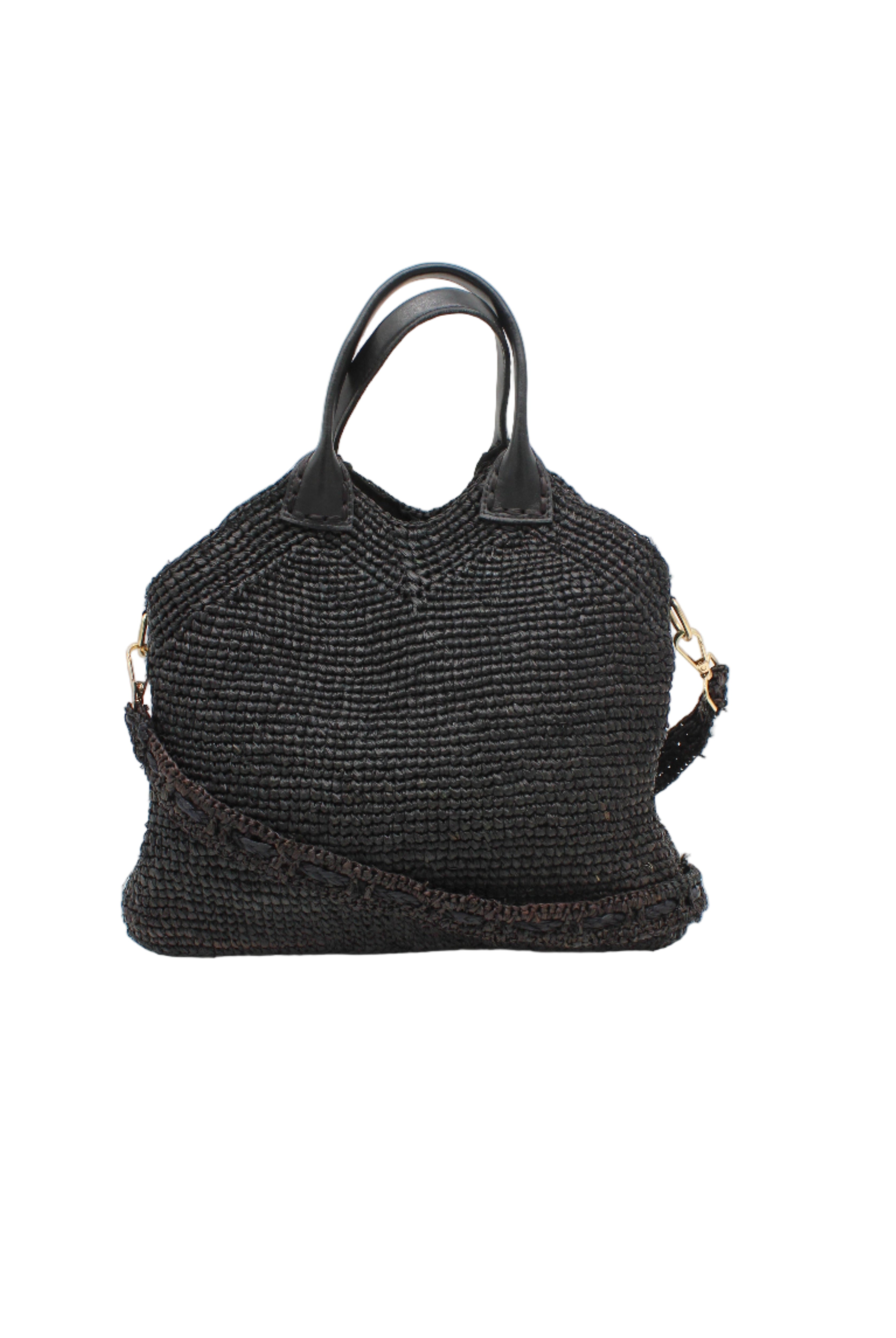 Victoria Crochet Straw Handbag Convertible Crossbody Bag handmade crochet natural raffia palm fiber in a solid hue of black in a subtle texture of horizontal link bands pattern across the bag and m shape around the top of the bag with black leather handles and removable matching crossbody strap convertible purse - Shebobo