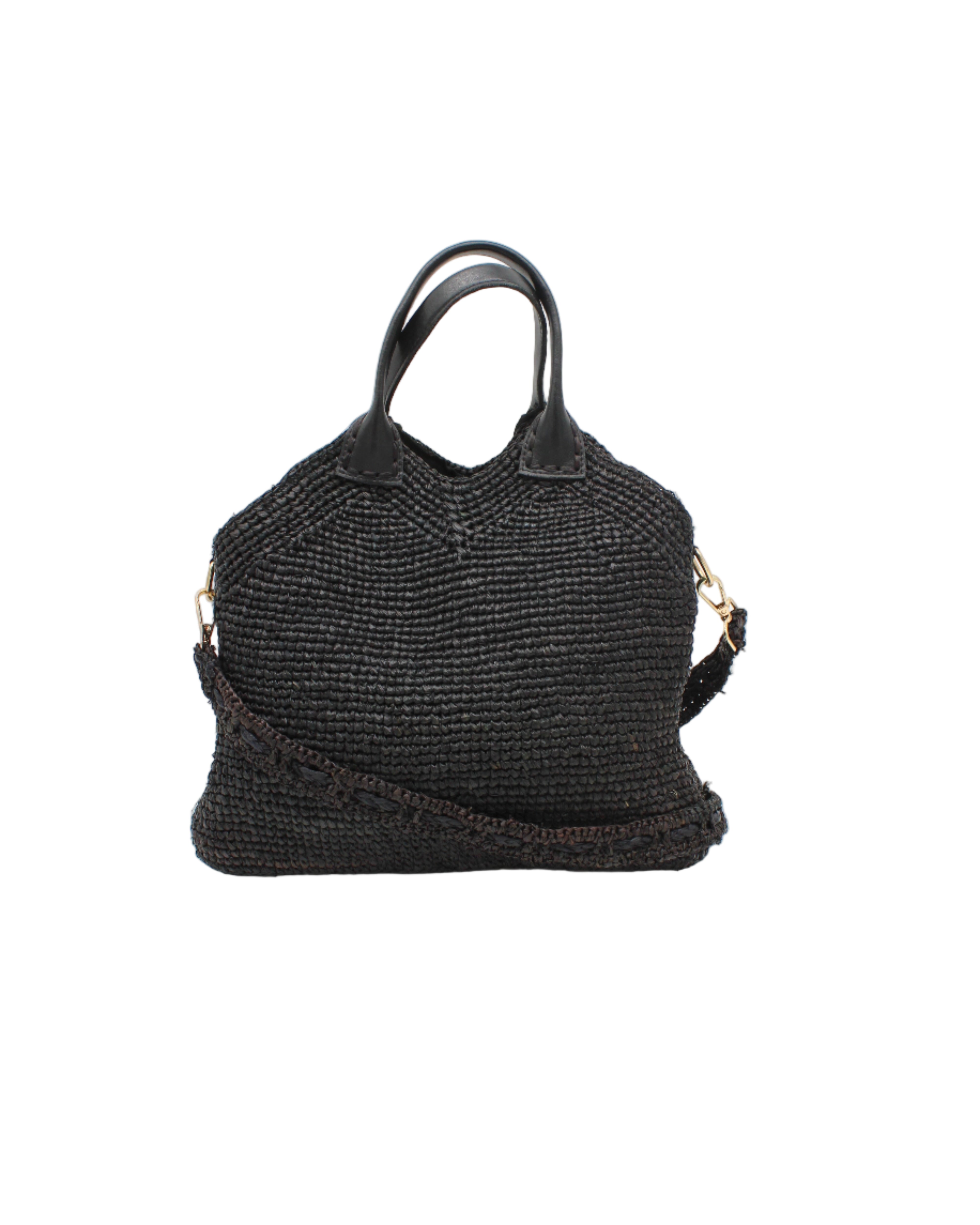 Victoria Crochet Straw Handbag Convertible Crossbody Bag handmade crochet natural raffia palm fiber in a solid hue of black in a subtle texture of horizontal link bands pattern across the bag and m shape around the top of the bag with black leather handles and removable matching crossbody strap convertible purse - Shebobo
