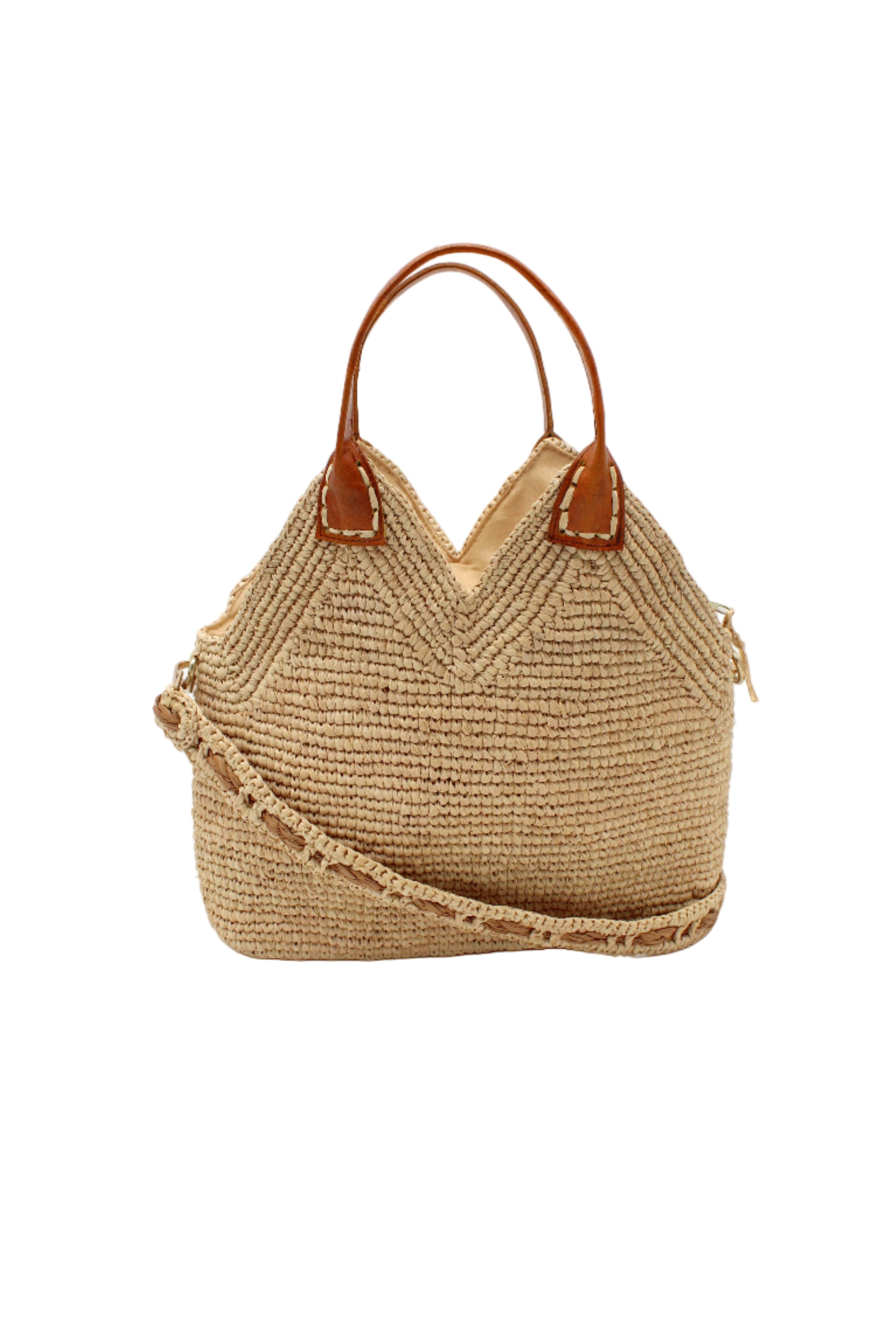 Victoria Crochet Straw Handbag Convertible Crossbody Bag handmade crochet natural raffia palm fiber in a solid hue of natural straw color in a subtle texture of horizontal link bands pattern across the bag and m shape around the top of the bag with brown leather handles and removable two tone natural and cappuccino tea/light/brown crossbody strap convertible purse - Shebobo