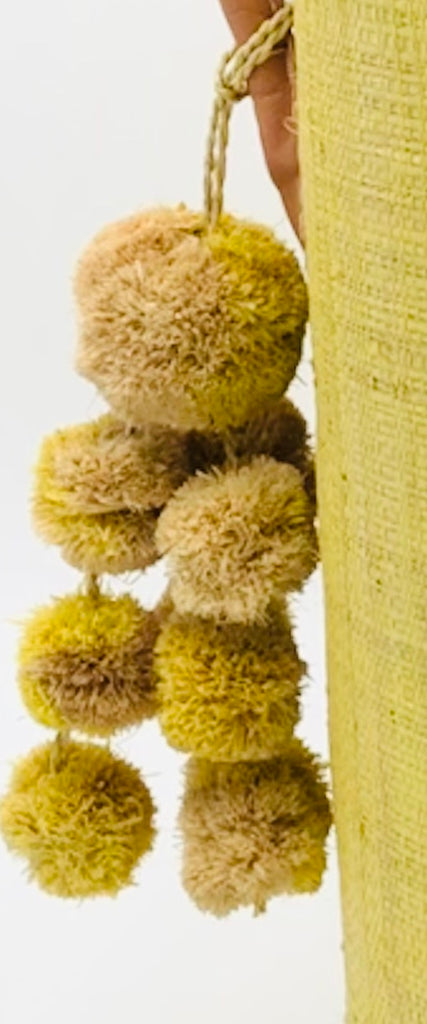 Waterfall Pompom Butter and Natural Two Tone Color Multiple Raffia Poufs Charm handmade bag embellishment or decor natural straw ornamentation - Shebobo