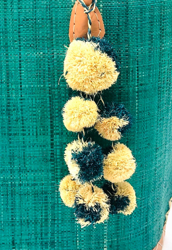 Waterfall Pompom Emerald and Natural Two Tone Color Multiple Raffia Poufs Charm handmade bag embellishment or decor natural straw ornamentation - Shebobo