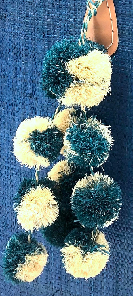 Waterfall Pompom Turquoise and Natural Two Tone Color Multiple Raffia Poufs Charm handmade bag embellishment or decor natural straw ornamentation - Shebobo