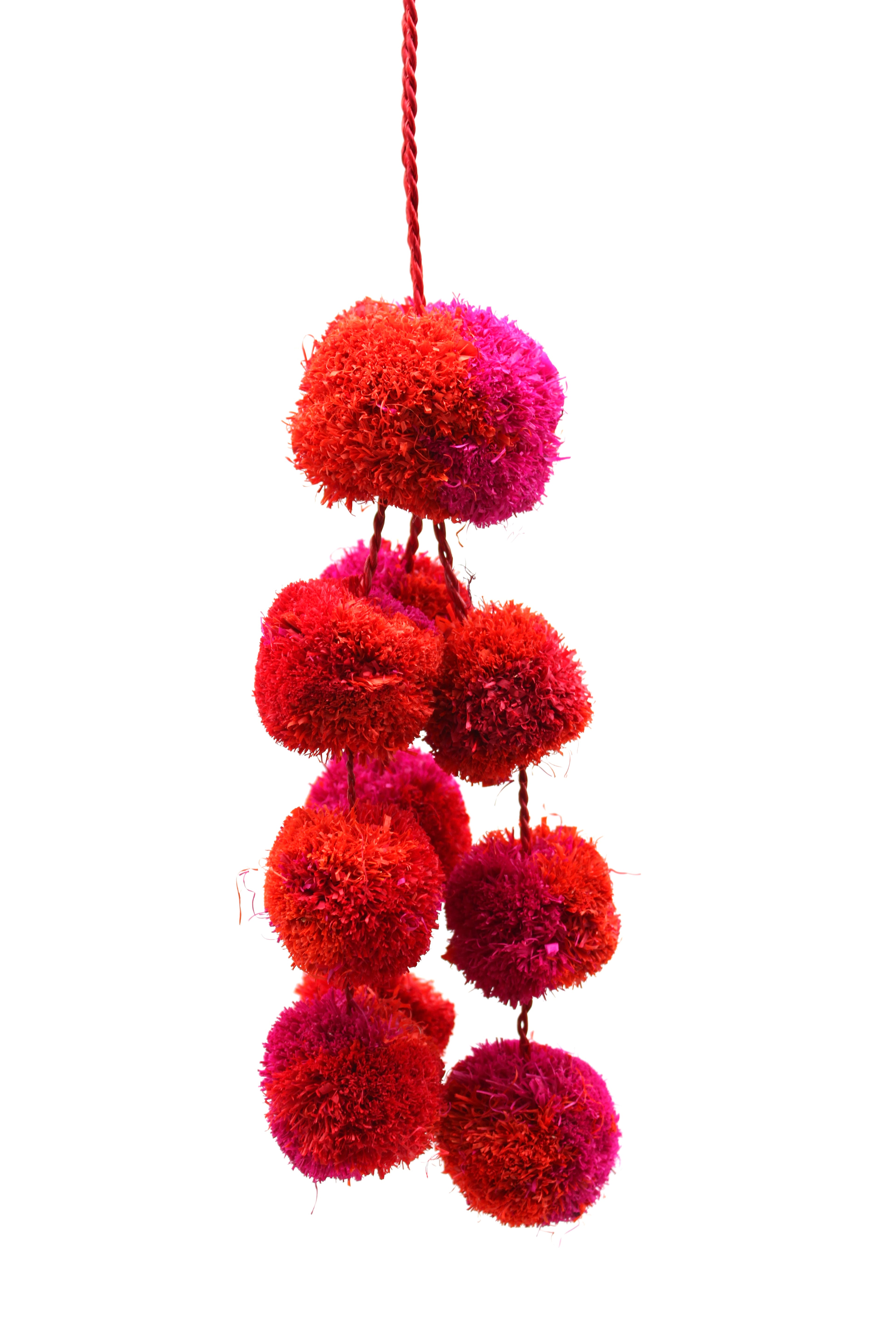 Waterfall Pompom Red Multicolor Multiple Raffia Poufs Charm handmade bag embellishment or decor red, coral, fuchsia pink straw ornamentation - Shebobo
