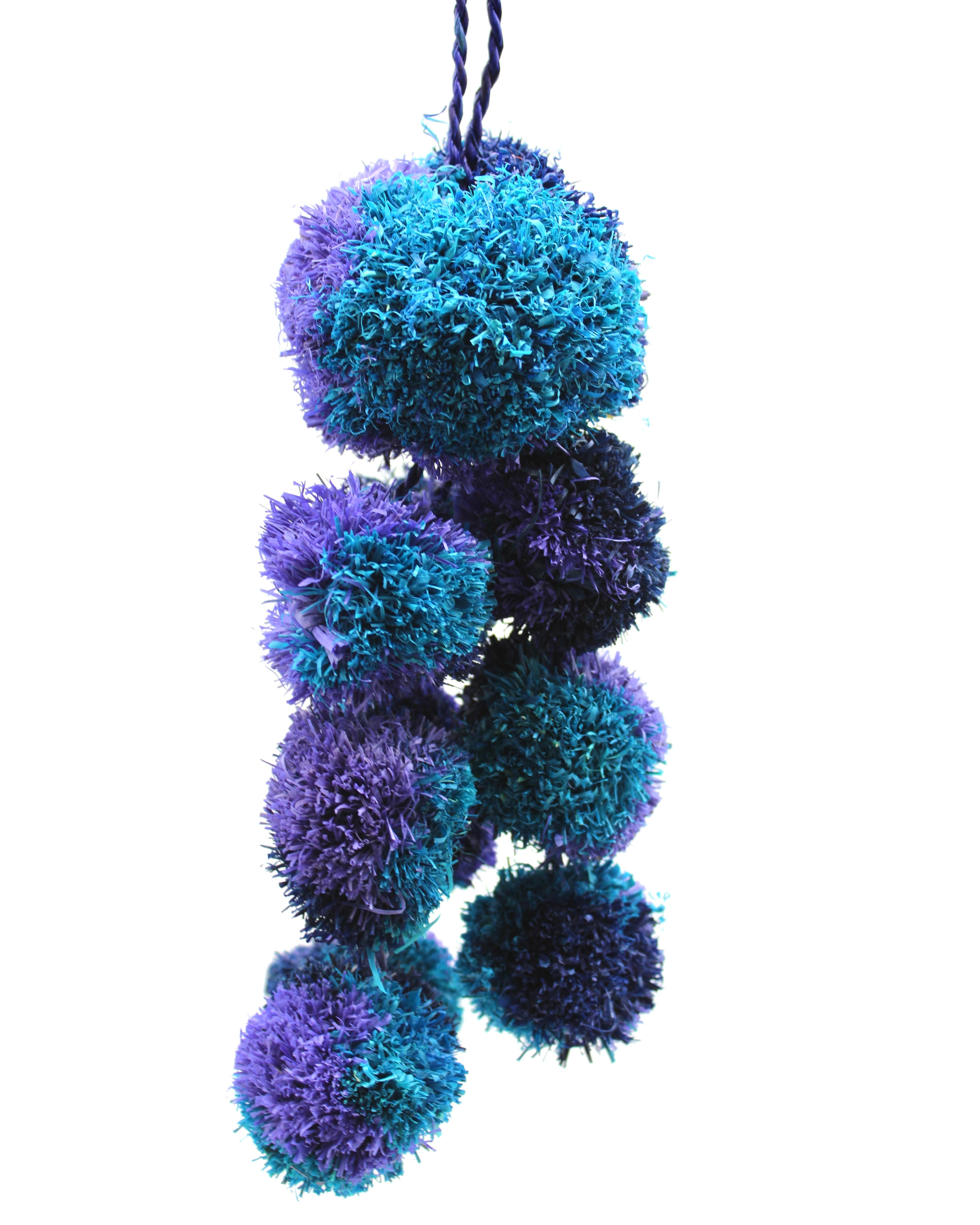 Waterfall Pompom Turquoise Multicolor Multiple Raffia Poufs Charm handmade bag embellishment or decor turquoise, blue, navy straw ornamentation - Shebobo