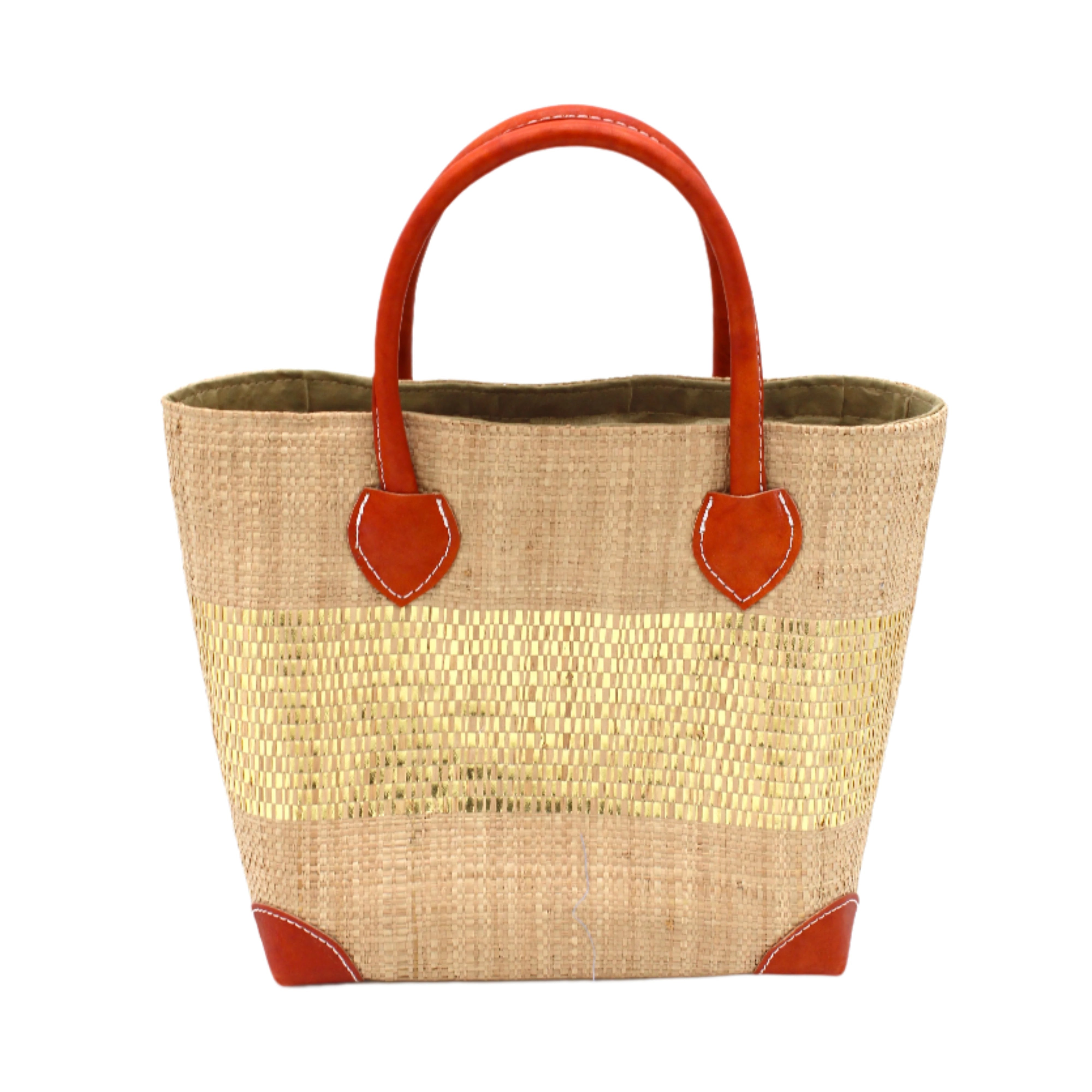Wynwood Cappuccino Straw Basket Bag with Metallic Detailing Handmade loomed raffia palm fiber in a solid hue of cappuccino light/brown/beige with a wide horizontal band of metallic strands woven in seamlessly handbag purse with leather handles - Shebobo