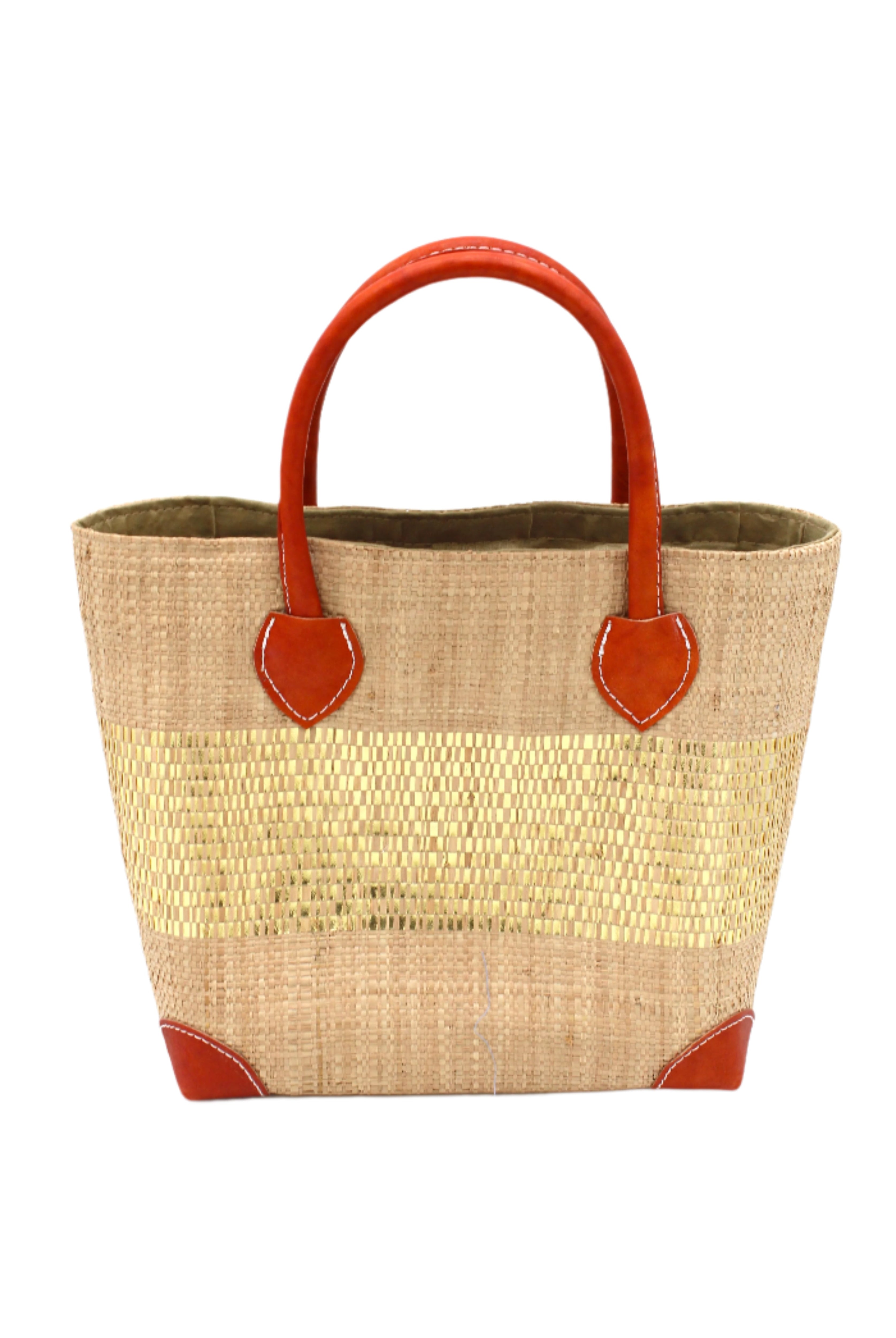 Wynwood Cappuccino Straw Basket Bag with Metallic Detailing Handmade loomed raffia palm fiber in a solid hue of cappuccino light/brown/beige with a wide horizontal band of metallic strands woven in seamlessly handbag purse with leather handles - Shebobo