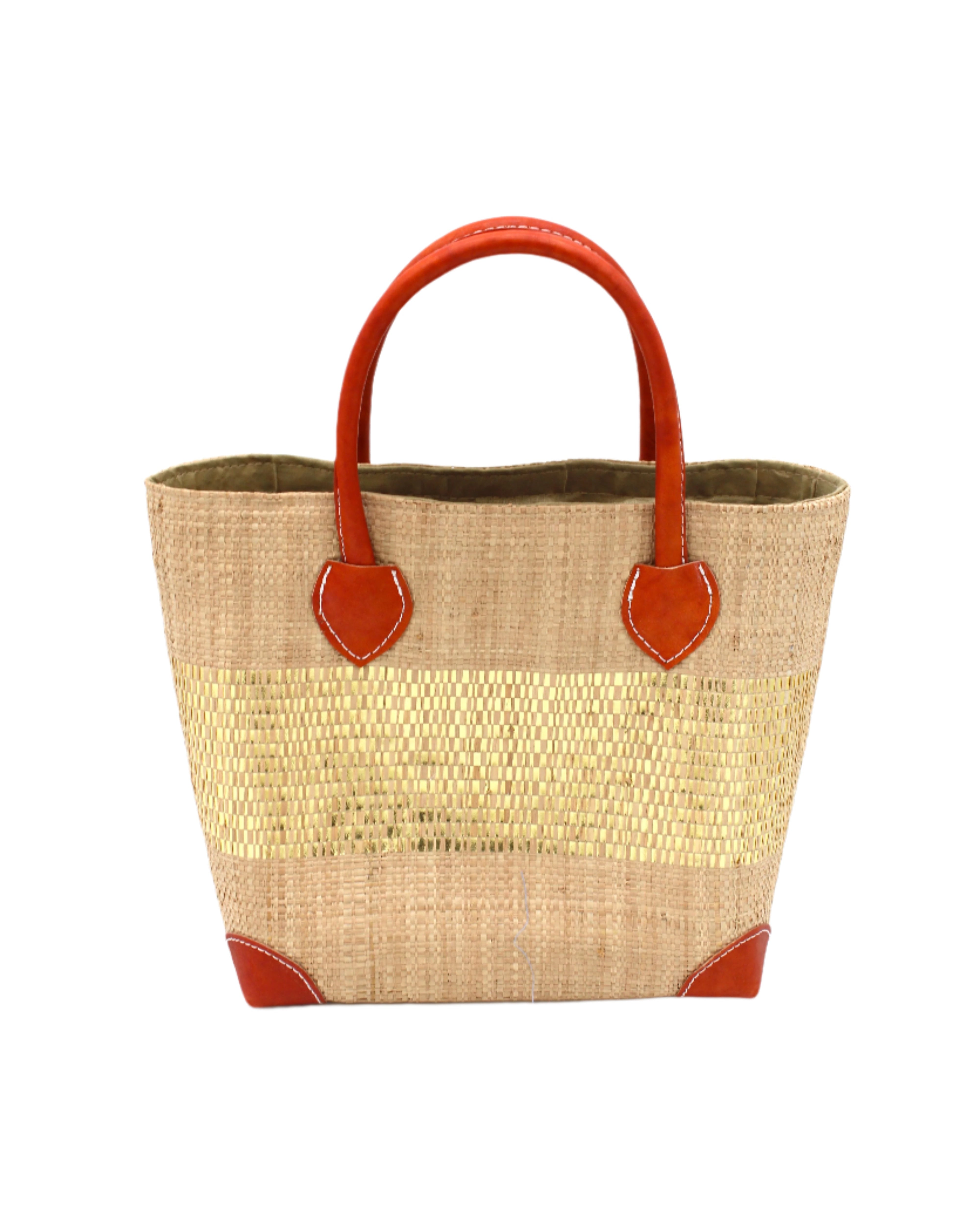 Wynwood Cappuccino Straw Basket Bag with Metallic Detailing Handmade loomed raffia palm fiber in a solid hue of cappuccino light/brown/beige with a wide horizontal band of metallic strands woven in seamlessly handbag purse with leather handles - Shebobo