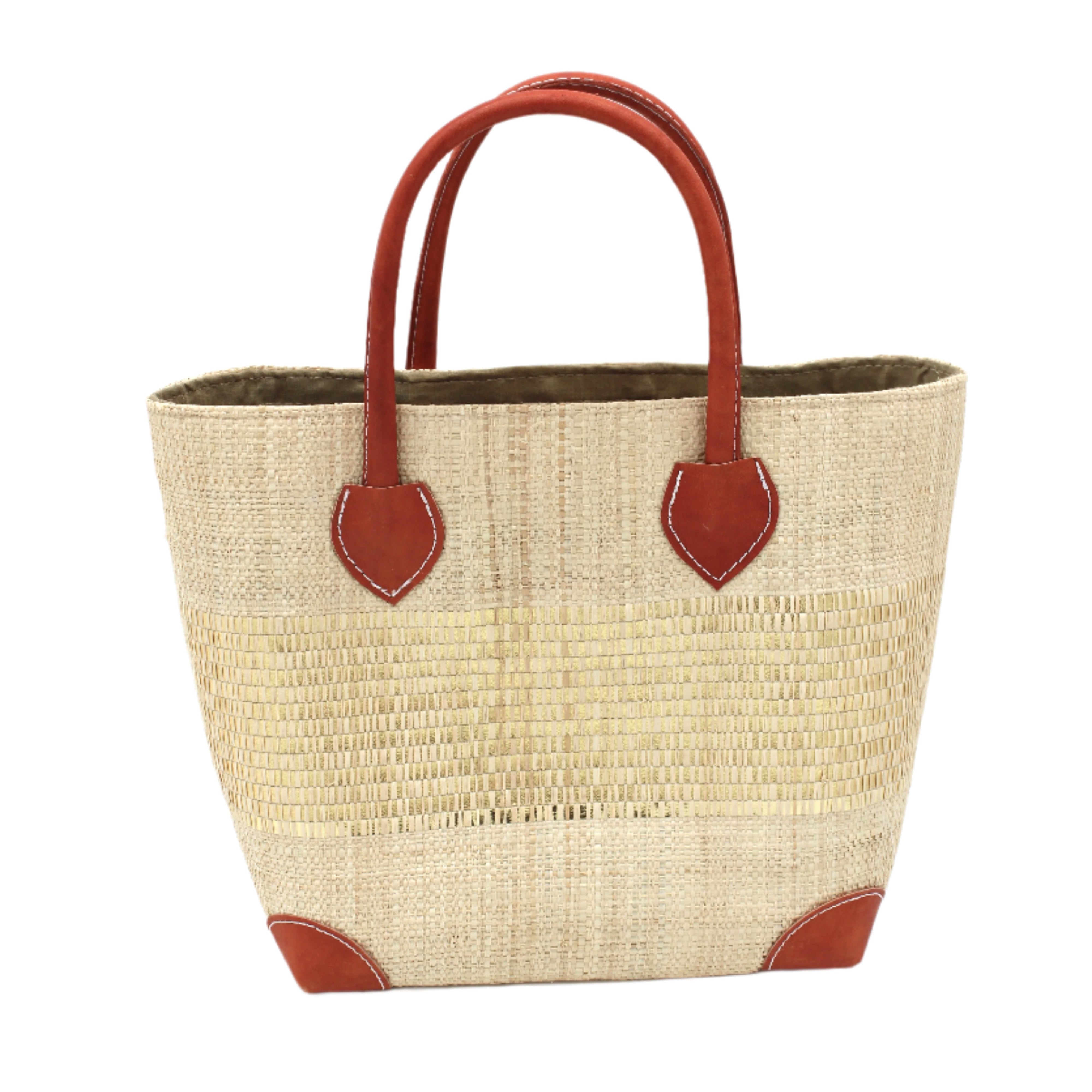 Wynwood Natural Straw Basket Bag with Metallic Detailing Handmade loomed raffia palm fiber in a solid hue of natural straw color with a wide horizontal band of metallic strands woven in seamlessly handbag purse with leather handles - Shebobo