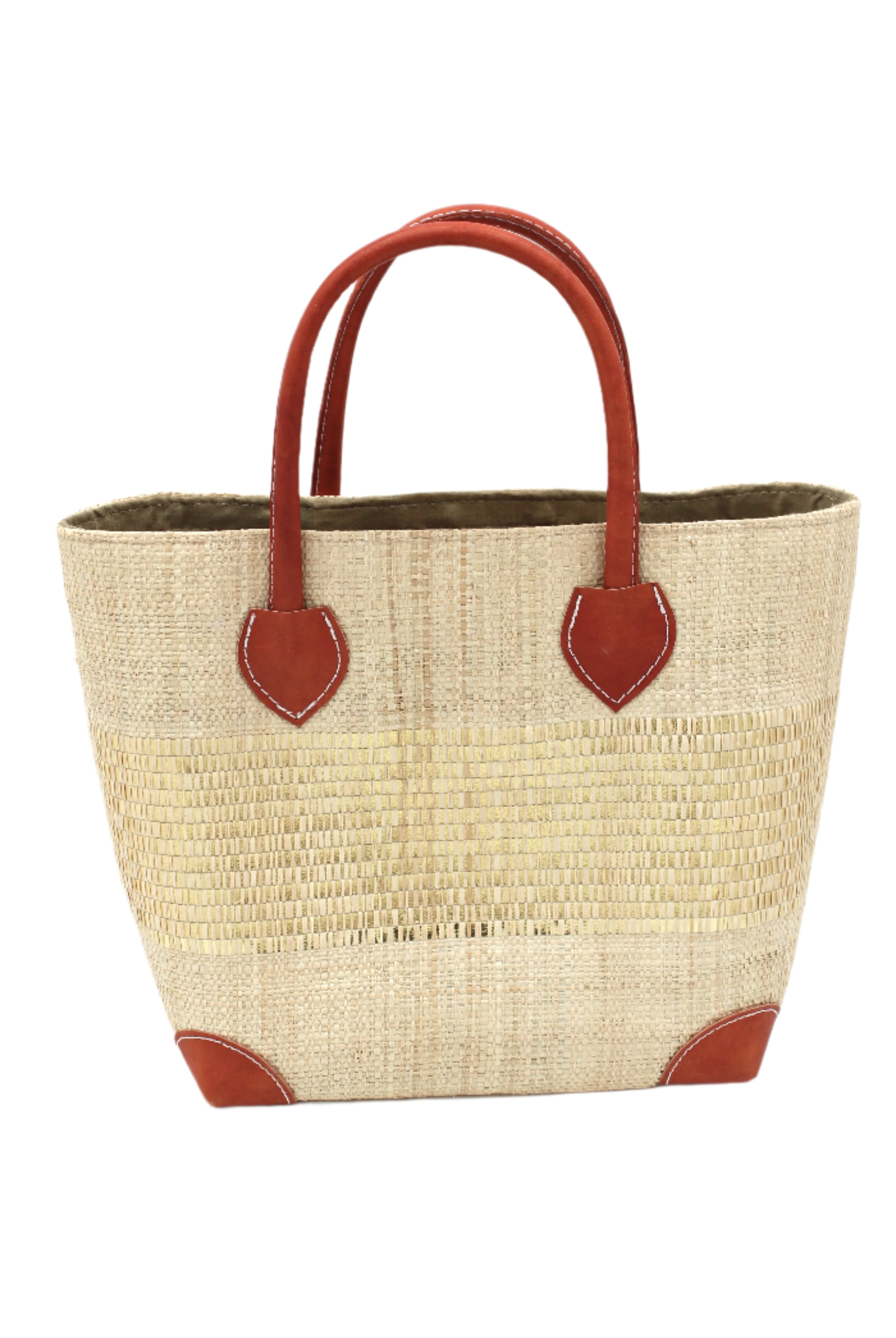 Wynwood Natural Straw Basket Bag with Metallic Detailing Handmade loomed raffia palm fiber in a solid hue of natural straw color with a wide horizontal band of metallic strands woven in seamlessly handbag purse with leather handles - Shebobo