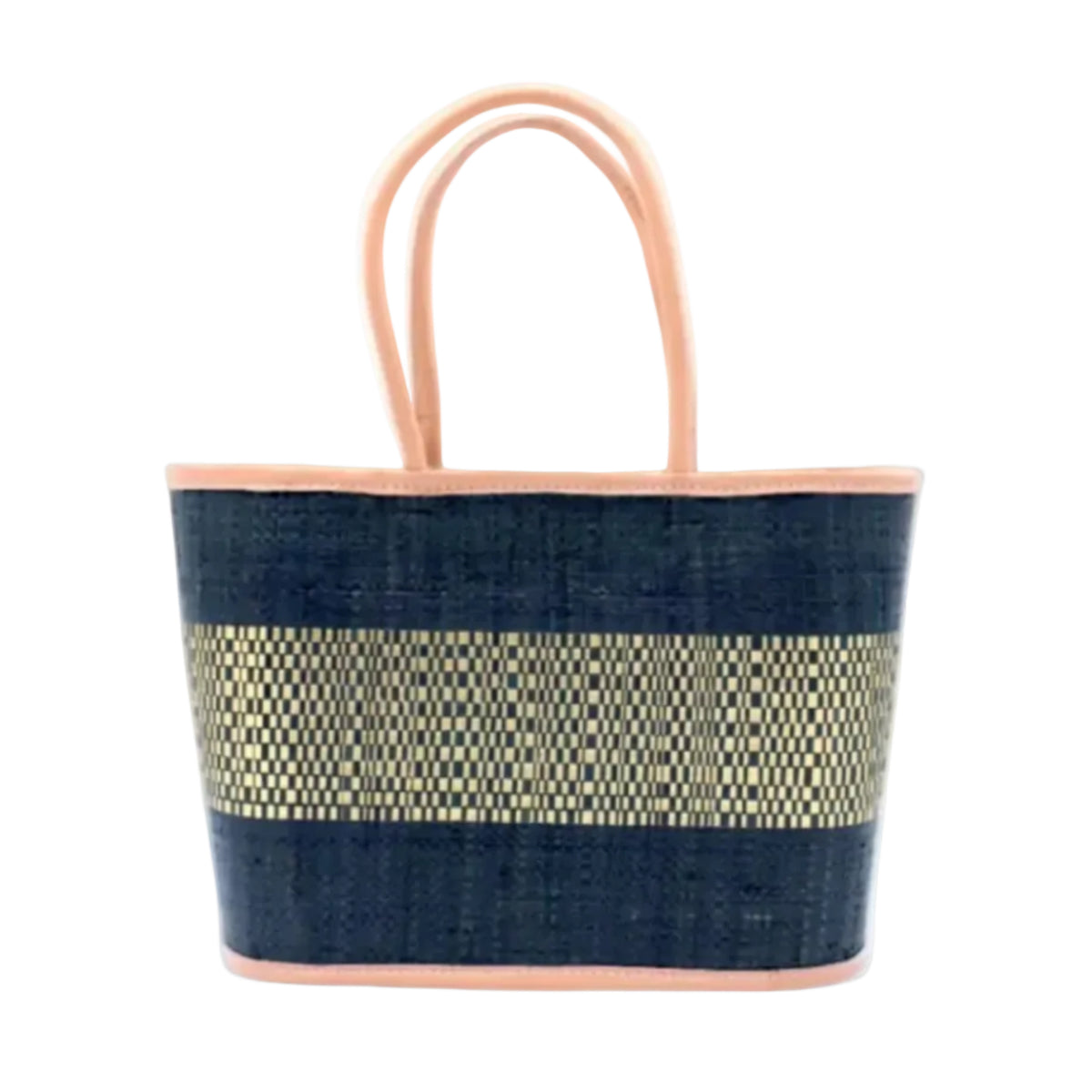 Wynwood Black Straw Basket Bag Handbag with Metallic Detailing handmade loomed raffia in black and silver metallic vegan leather in three evenly sized horizontal bands of color with the metallic weave centered on the purse with leather binding and handles - Shebobo