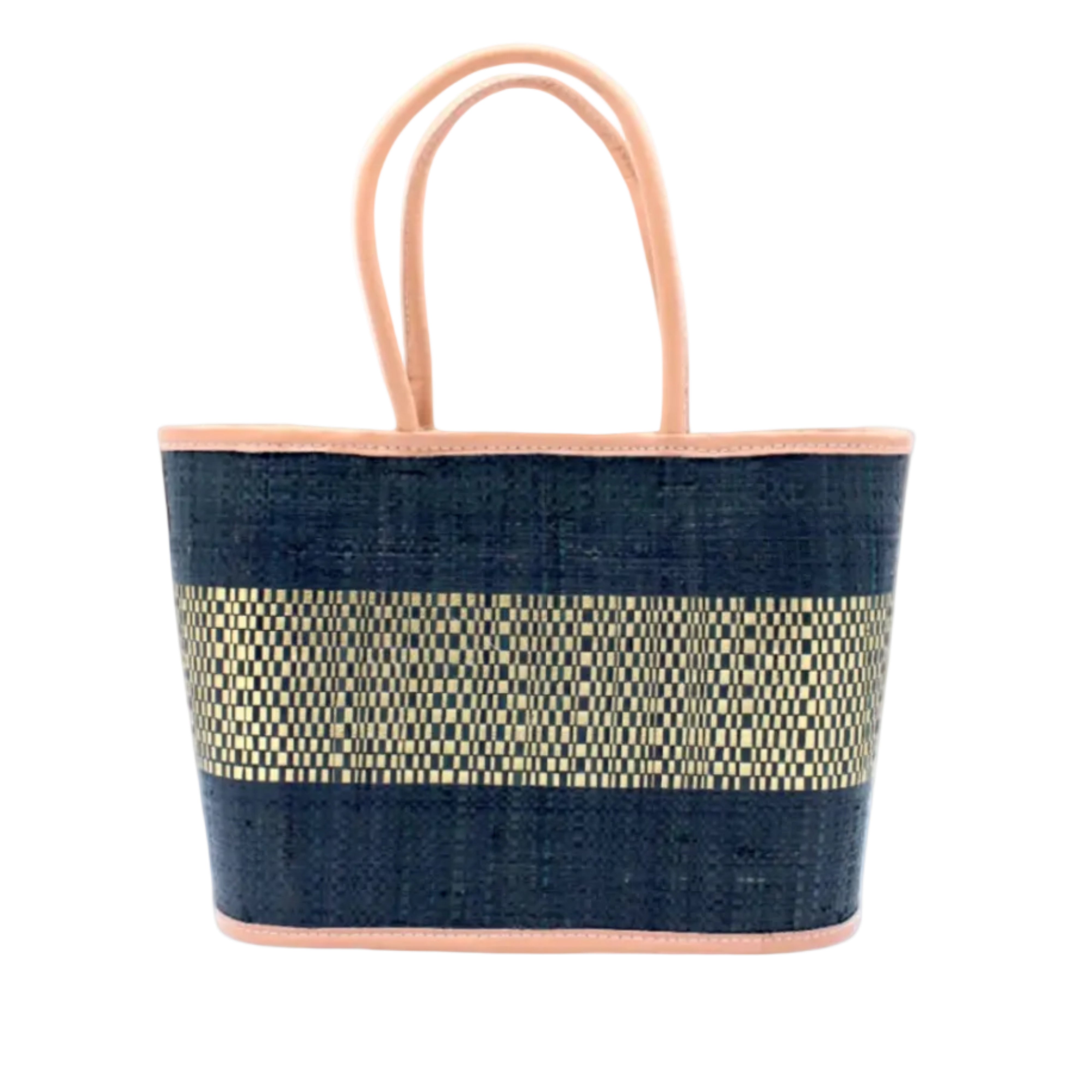 Wynwood Black Straw Basket Bag Handbag with Metallic Detailing handmade loomed raffia in black and silver metallic vegan leather in three evenly sized horizontal bands of color with the metallic weave centered on the purse with leather binding and handles - Shebobo