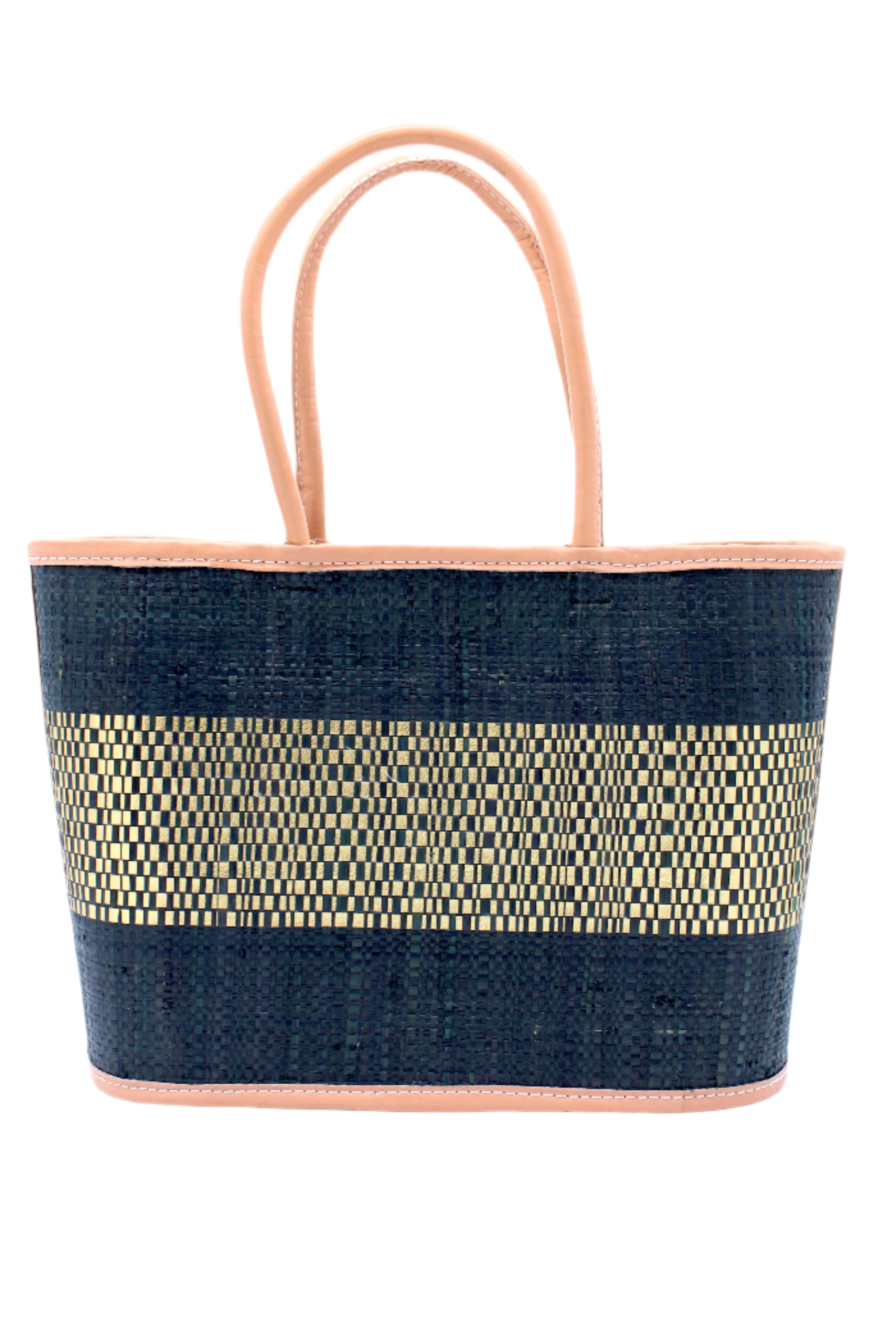Wynwood Black Straw Basket Bag Handbag with Metallic Detailing handmade loomed raffia in black and silver metallic vegan leather in three evenly sized horizontal bands of color with the metallic weave centered on the purse with leather binding and handles - Shebobo