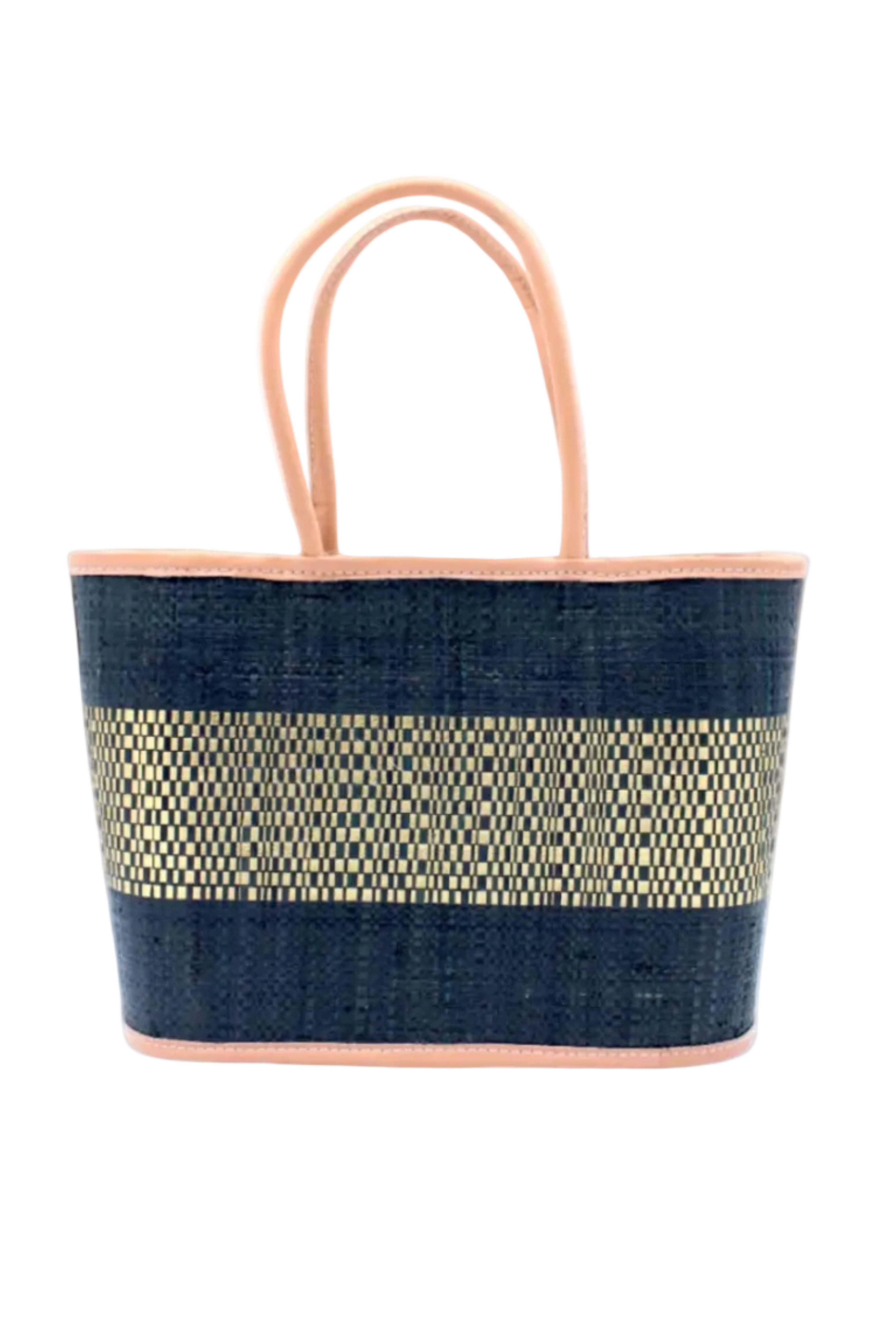 Wynwood Black Straw Basket Bag Handbag with Metallic Detailing handmade loomed raffia in black and silver metallic vegan leather in three evenly sized horizontal bands of color with the metallic weave centered on the purse with leather binding and handles - Shebobo
