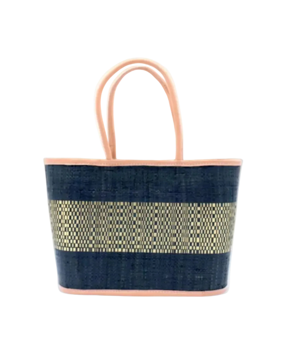 Wynwood Black Straw Basket Bag Handbag with Metallic Detailing handmade loomed raffia in black and silver metallic vegan leather in three evenly sized horizontal bands of color with the metallic weave centered on the purse with leather binding and handles - Shebobo