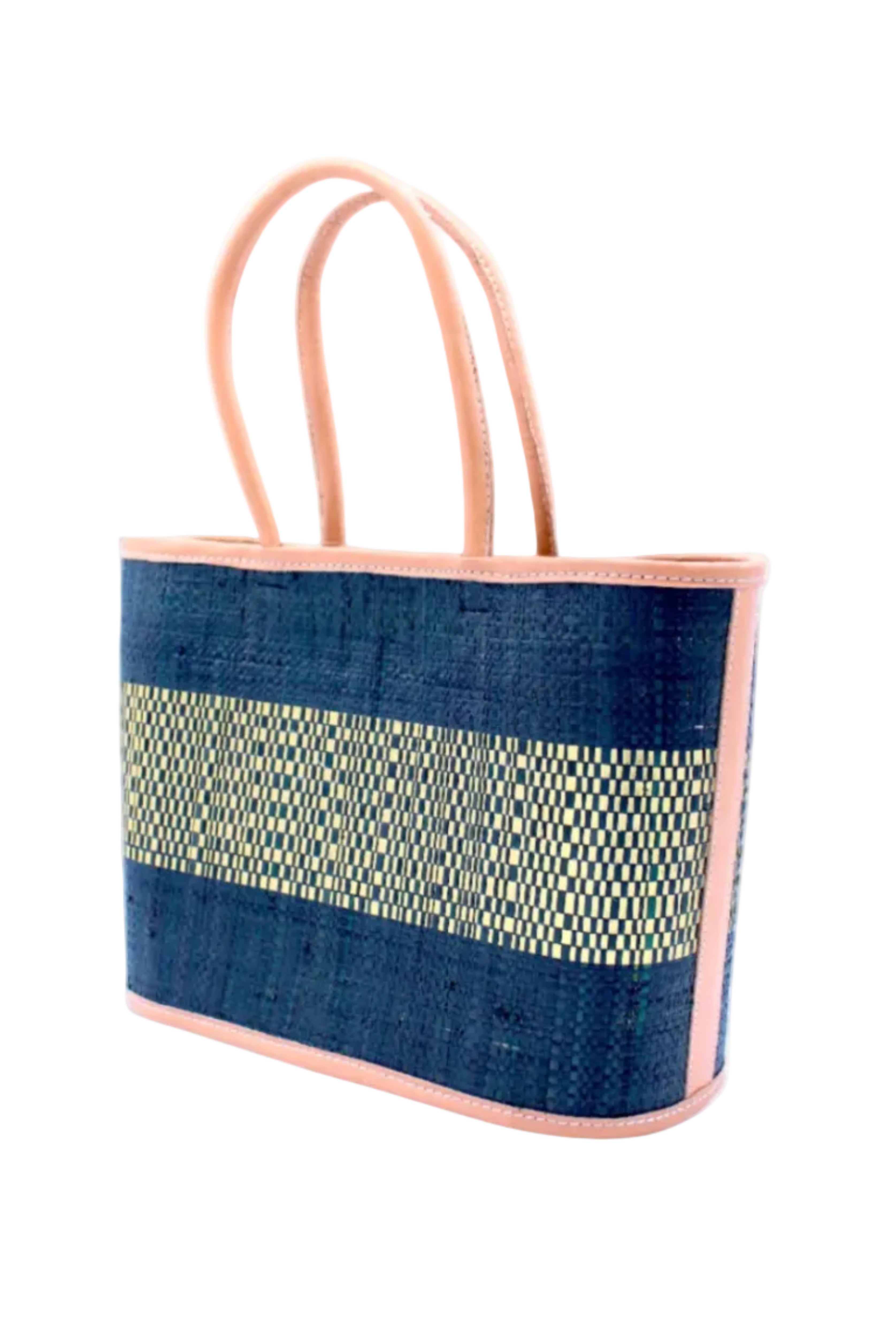 Side View Wynwood Black Straw Basket Bag Handbag with Metallic Detailing handmade loomed raffia in black and silver metallic vegan leather in three evenly sized horizontal bands of color with the metallic weave centered on the purse with leather binding and handles - Shebobo