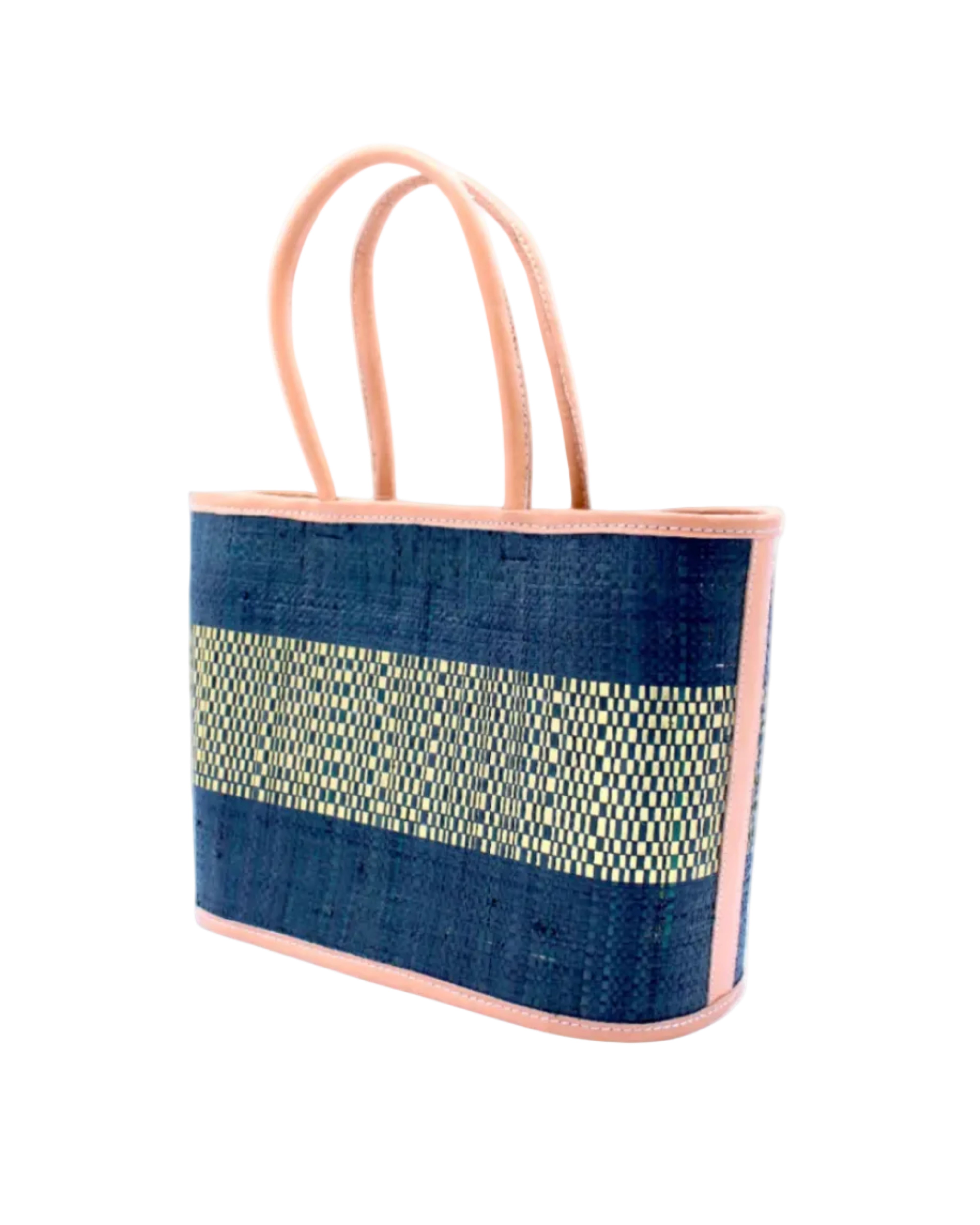 Side View Wynwood Black Straw Basket Bag Handbag with Metallic Detailing handmade loomed raffia in black and silver metallic vegan leather in three evenly sized horizontal bands of color with the metallic weave centered on the purse with leather binding and handles - Shebobo