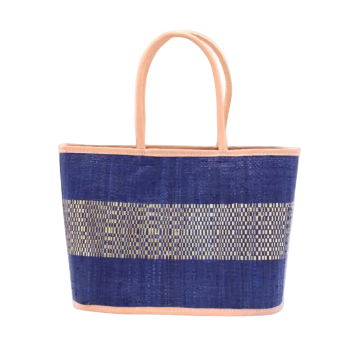 Wynwood Blue Straw Basket Bag Handbag with Metallic Detailing handmade loomed raffia in blue and silver metallic vegan leather in three evenly sized horizontal bands of color with the metallic weave centered on the purse with leather binding and handles - Shebobo