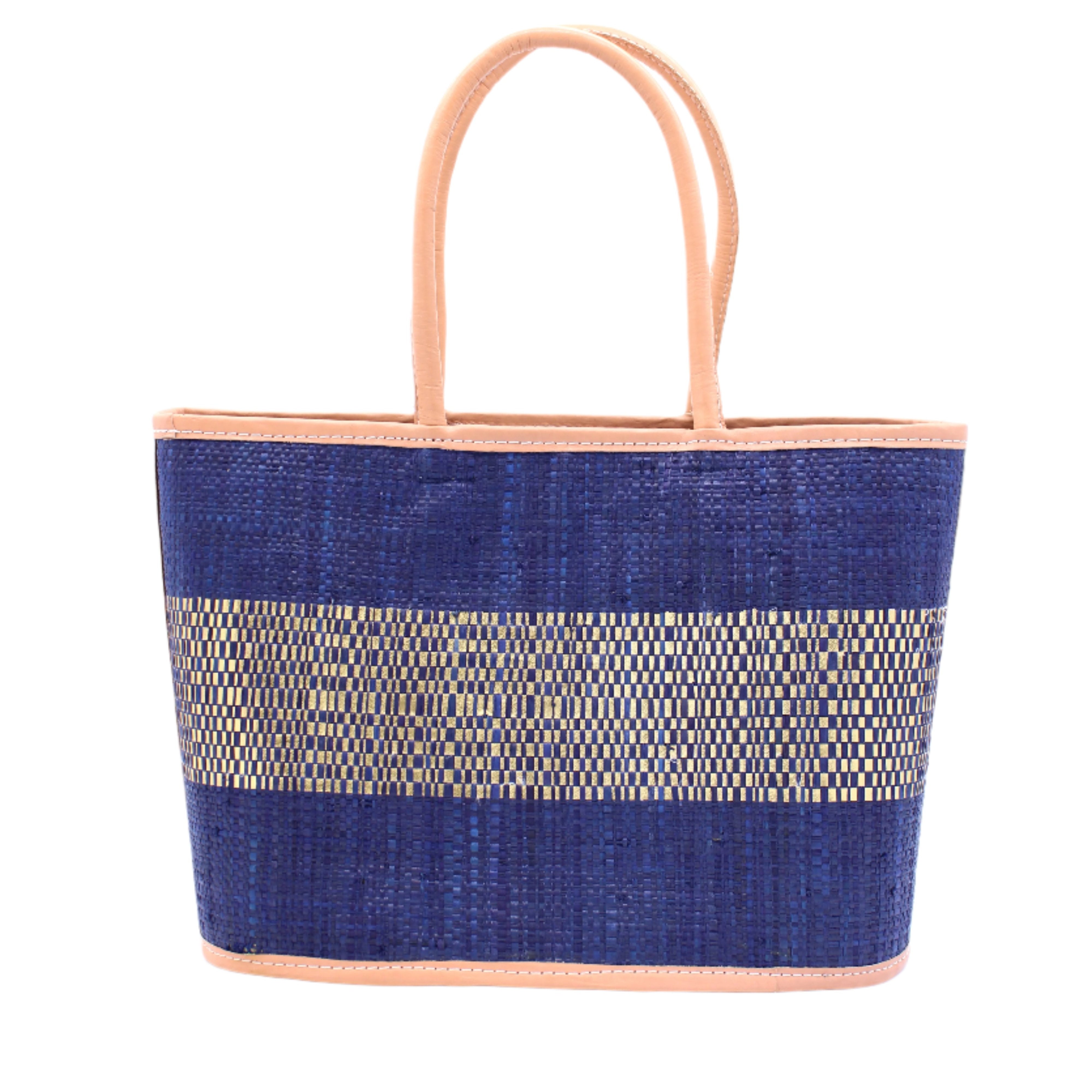 Wynwood Blue Straw Basket Bag Handbag with Metallic Detailing handmade loomed raffia in blue and silver metallic vegan leather in three evenly sized horizontal bands of color with the metallic weave centered on the purse with leather binding and handles - Shebobo