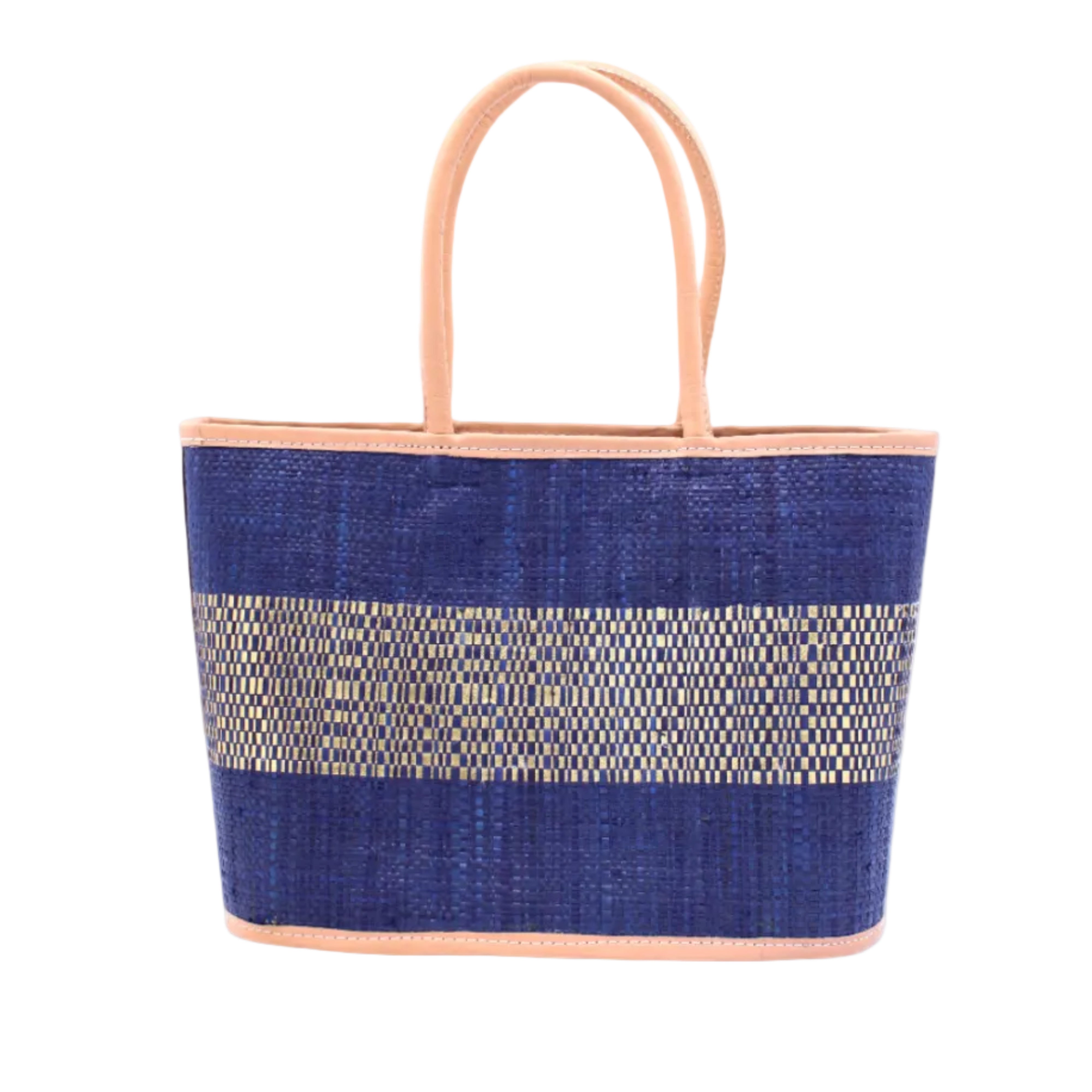 Wynwood Blue Straw Basket Bag Handbag with Metallic Detailing handmade loomed raffia in blue and silver metallic vegan leather in three evenly sized horizontal bands of color with the metallic weave centered on the purse with leather binding and handles - Shebobo