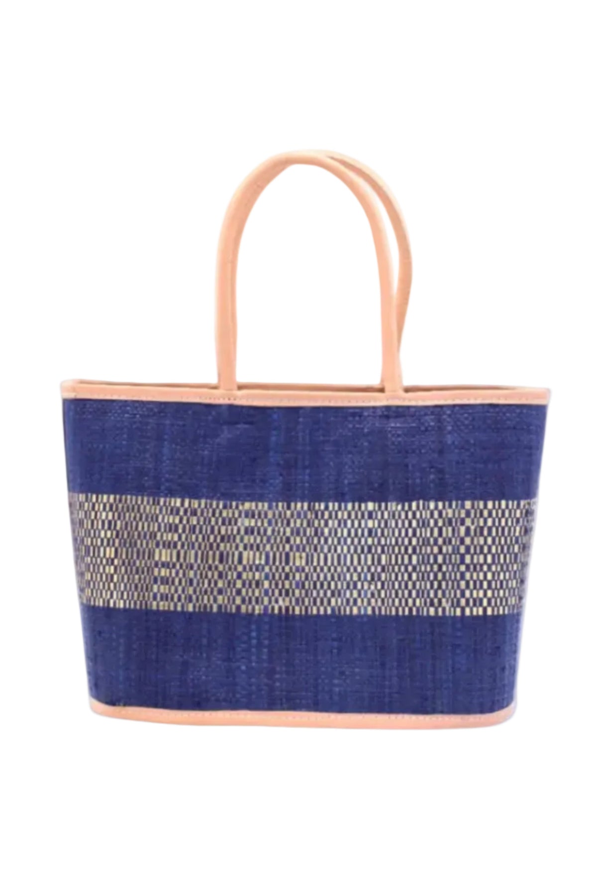Wynwood Blue Straw Basket Bag Handbag with Metallic Detailing handmade loomed raffia in blue and silver metallic vegan leather in three evenly sized horizontal bands of color with the metallic weave centered on the purse with leather binding and handles - Shebobo