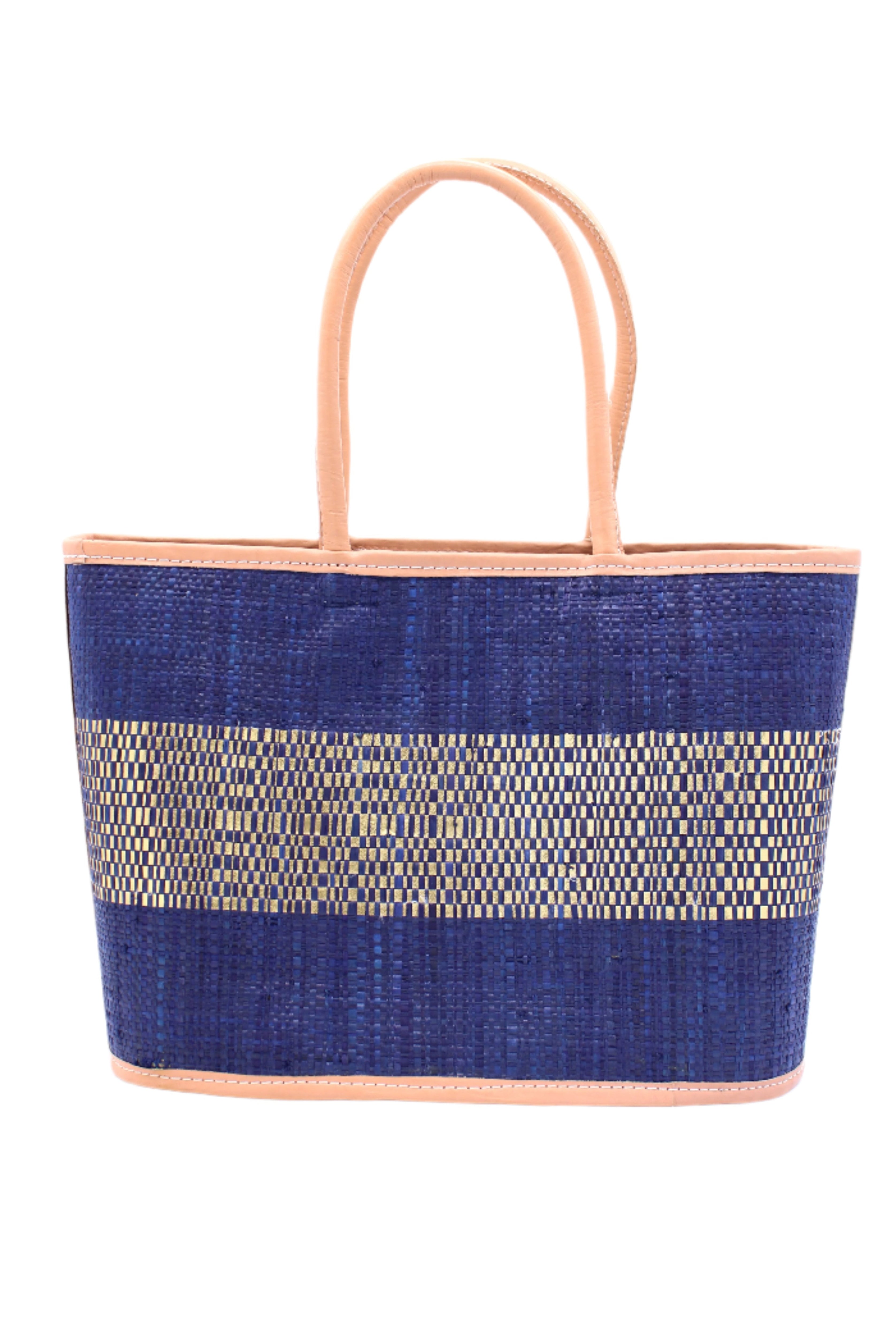 Wynwood Blue Straw Basket Bag Handbag with Metallic Detailing handmade loomed raffia in blue and silver metallic vegan leather in three evenly sized horizontal bands of color with the metallic weave centered on the purse with leather binding and handles - Shebobo