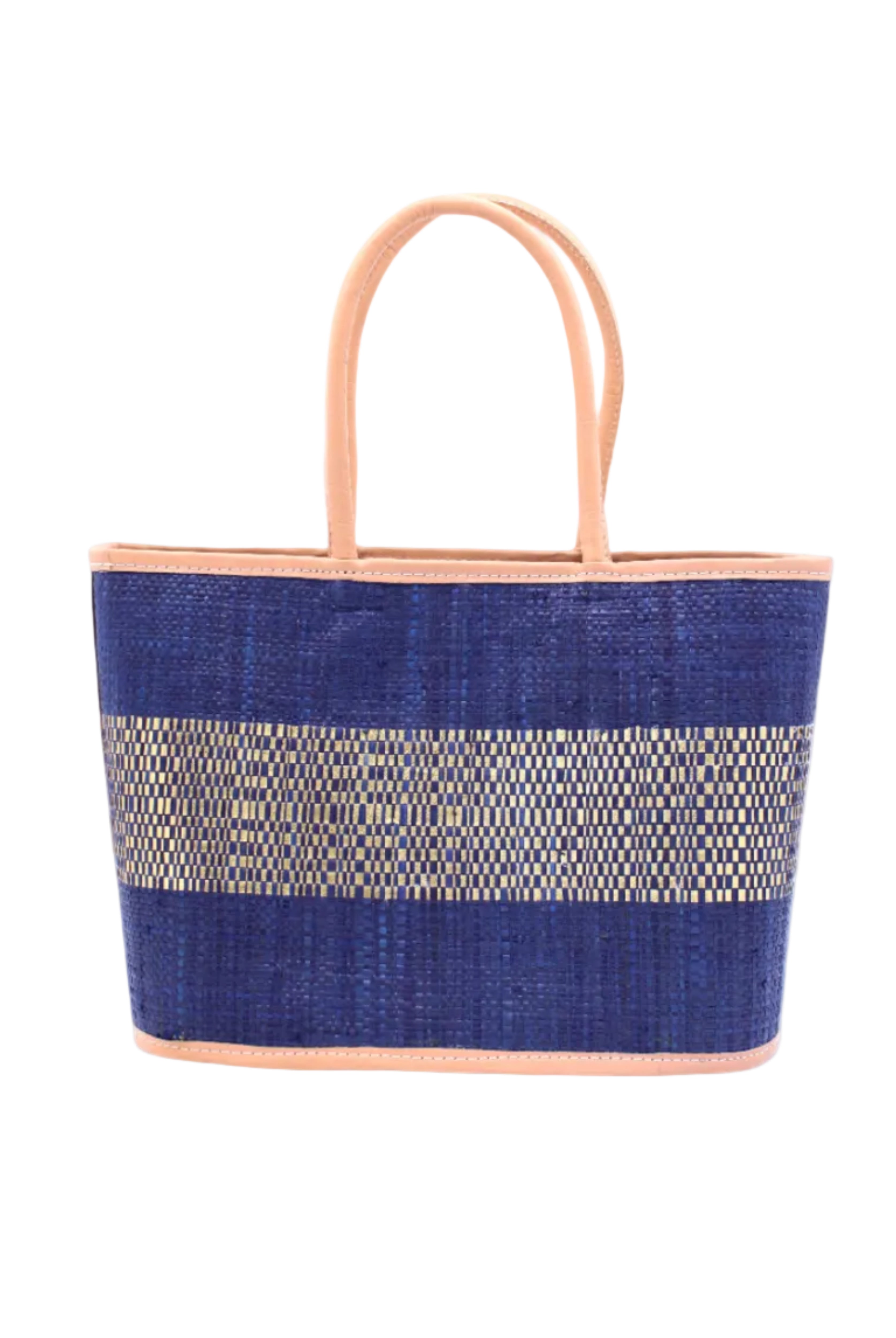 Wynwood Blue Straw Basket Bag Handbag with Metallic Detailing handmade loomed raffia in blue and silver metallic vegan leather in three evenly sized horizontal bands of color with the metallic weave centered on the purse with leather binding and handles - Shebobo