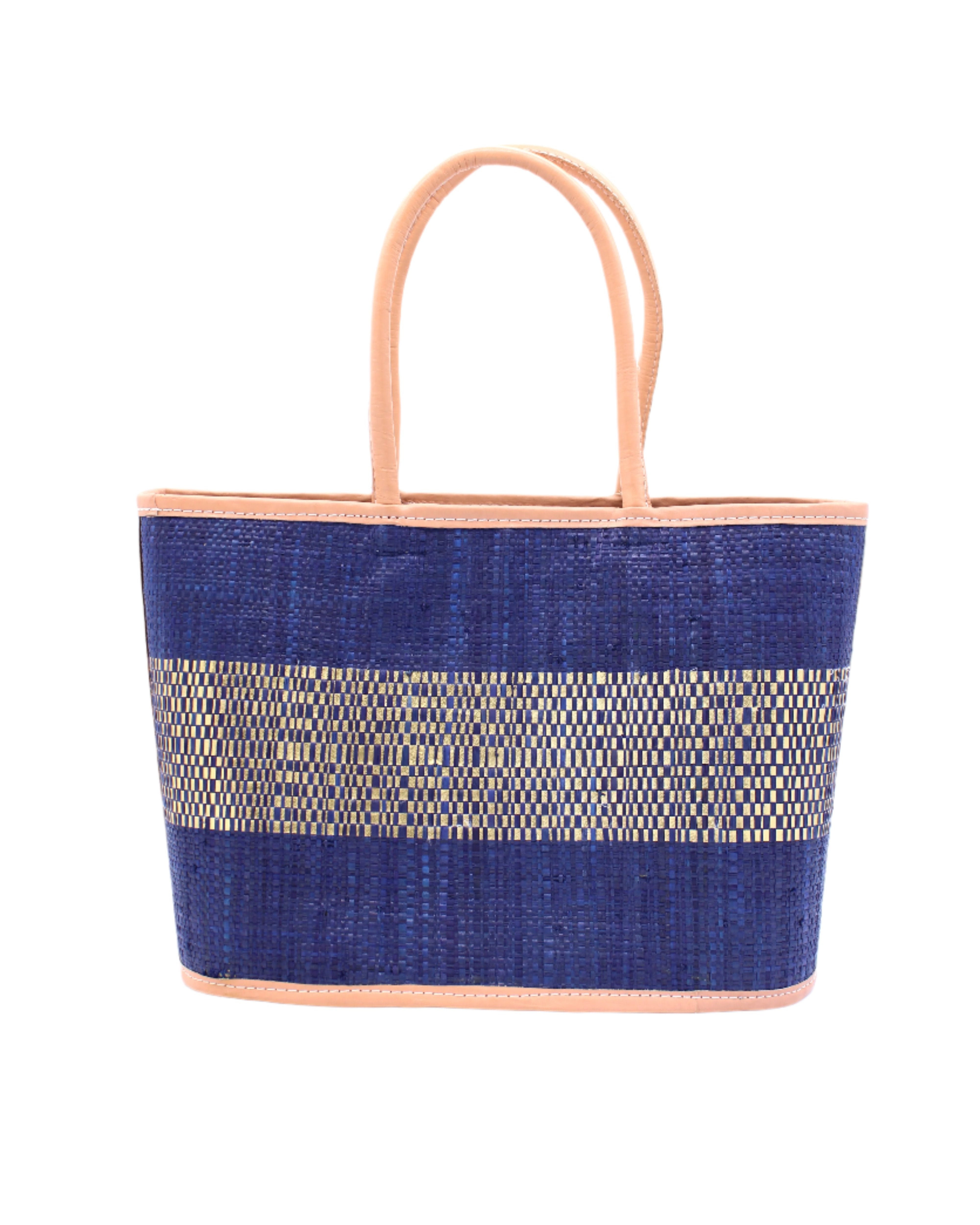 Wynwood Blue Straw Basket Bag Handbag with Metallic Detailing handmade loomed raffia in blue and silver metallic vegan leather in three evenly sized horizontal bands of color with the metallic weave centered on the purse with leather binding and handles - Shebobo
