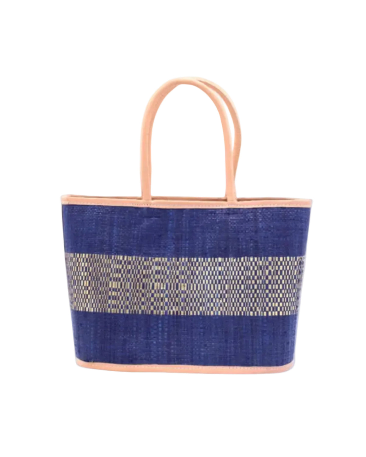 Wynwood Blue Straw Basket Bag Handbag with Metallic Detailing handmade loomed raffia in blue and silver metallic vegan leather in three evenly sized horizontal bands of color with the metallic weave centered on the purse with leather binding and handles - Shebobo
