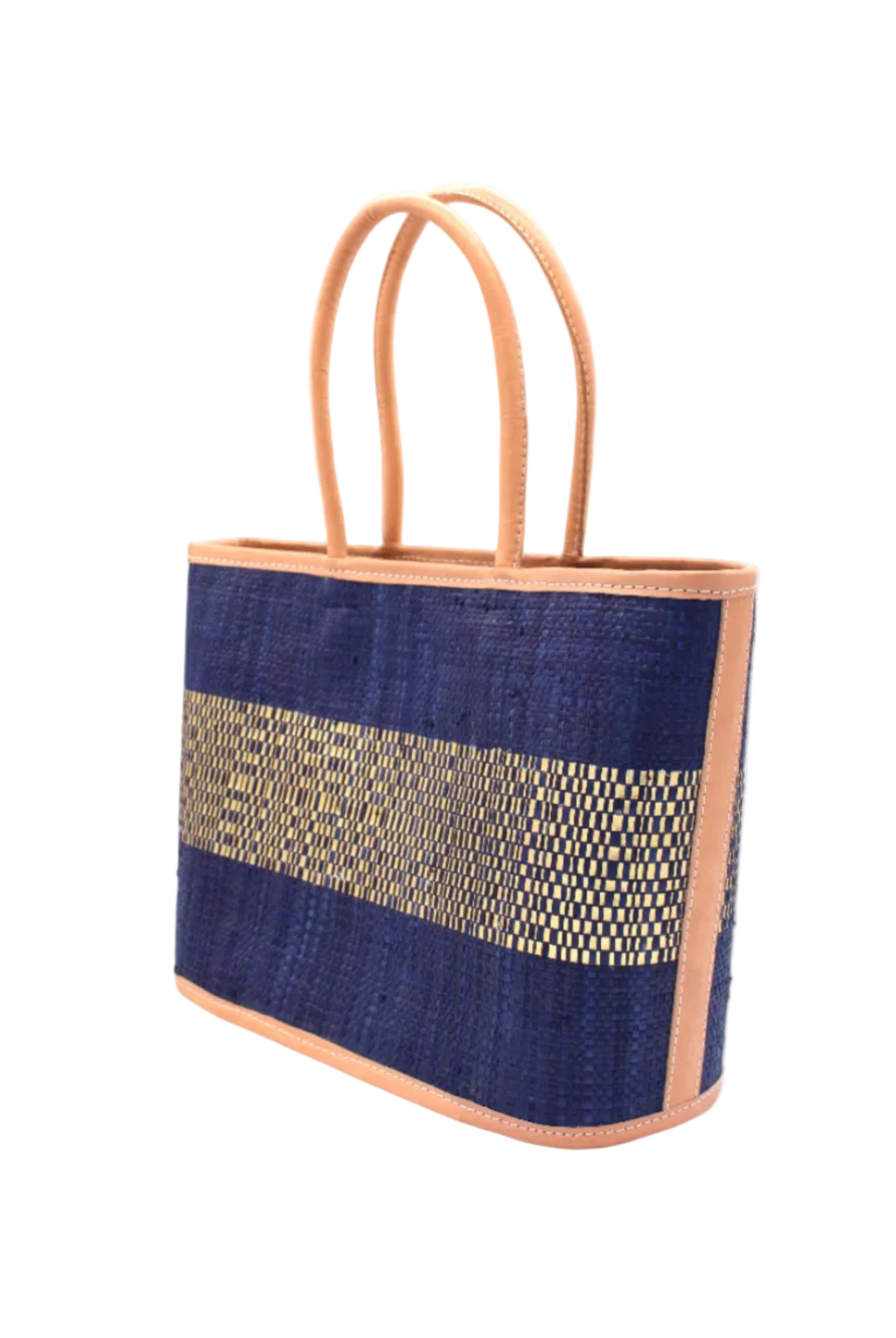 Side View Wynwood Blue Straw Basket Bag Handbag with Metallic Detailing handmade loomed raffia in blue and silver metallic vegan leather in three evenly sized horizontal bands of color with the metallic weave centered on the purse with leather binding and handles - Shebobo