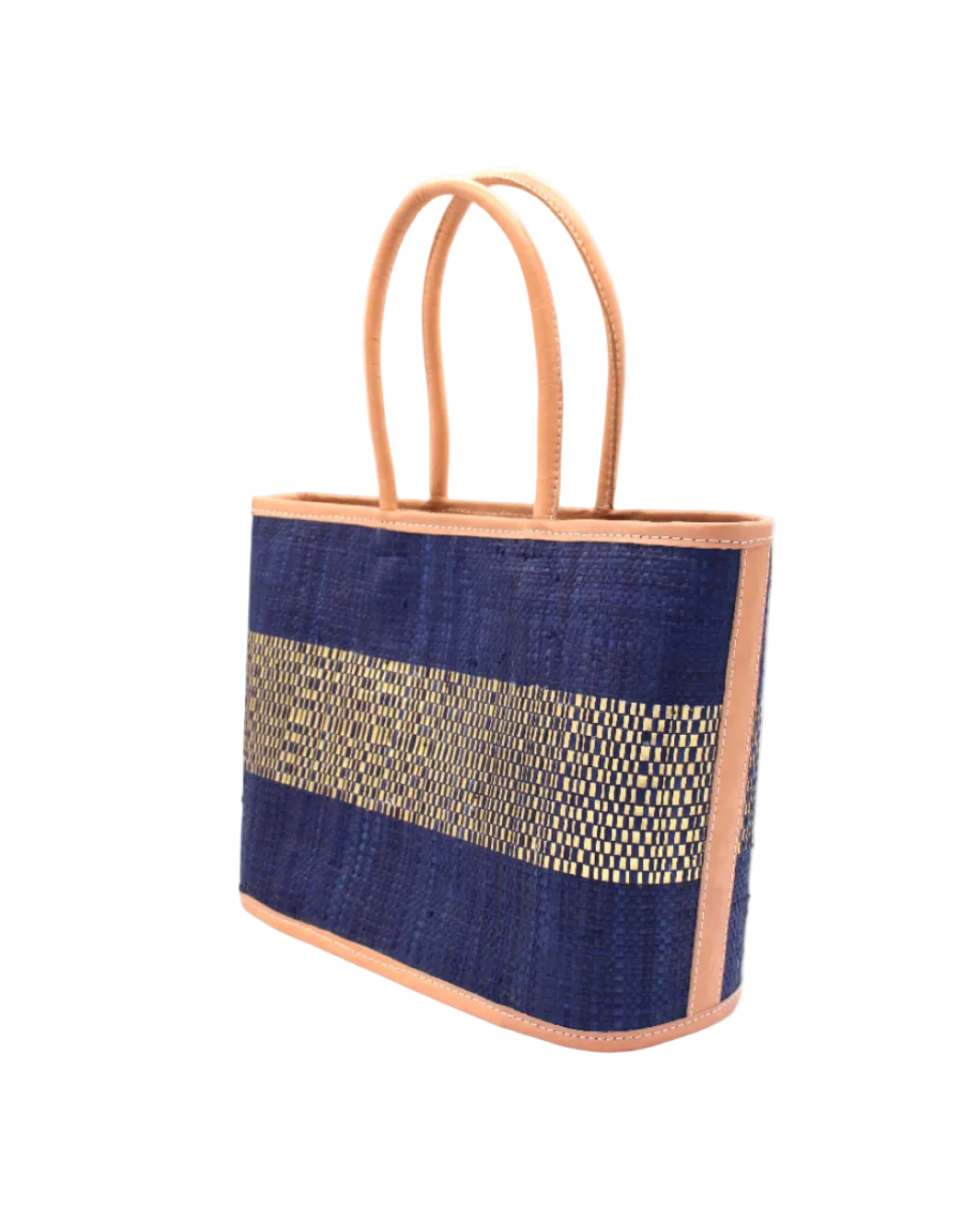 Side View Wynwood Blue Straw Basket Bag Handbag with Metallic Detailing handmade loomed raffia in blue and silver metallic vegan leather in three evenly sized horizontal bands of color with the metallic weave centered on the purse with leather binding and handles - Shebobo