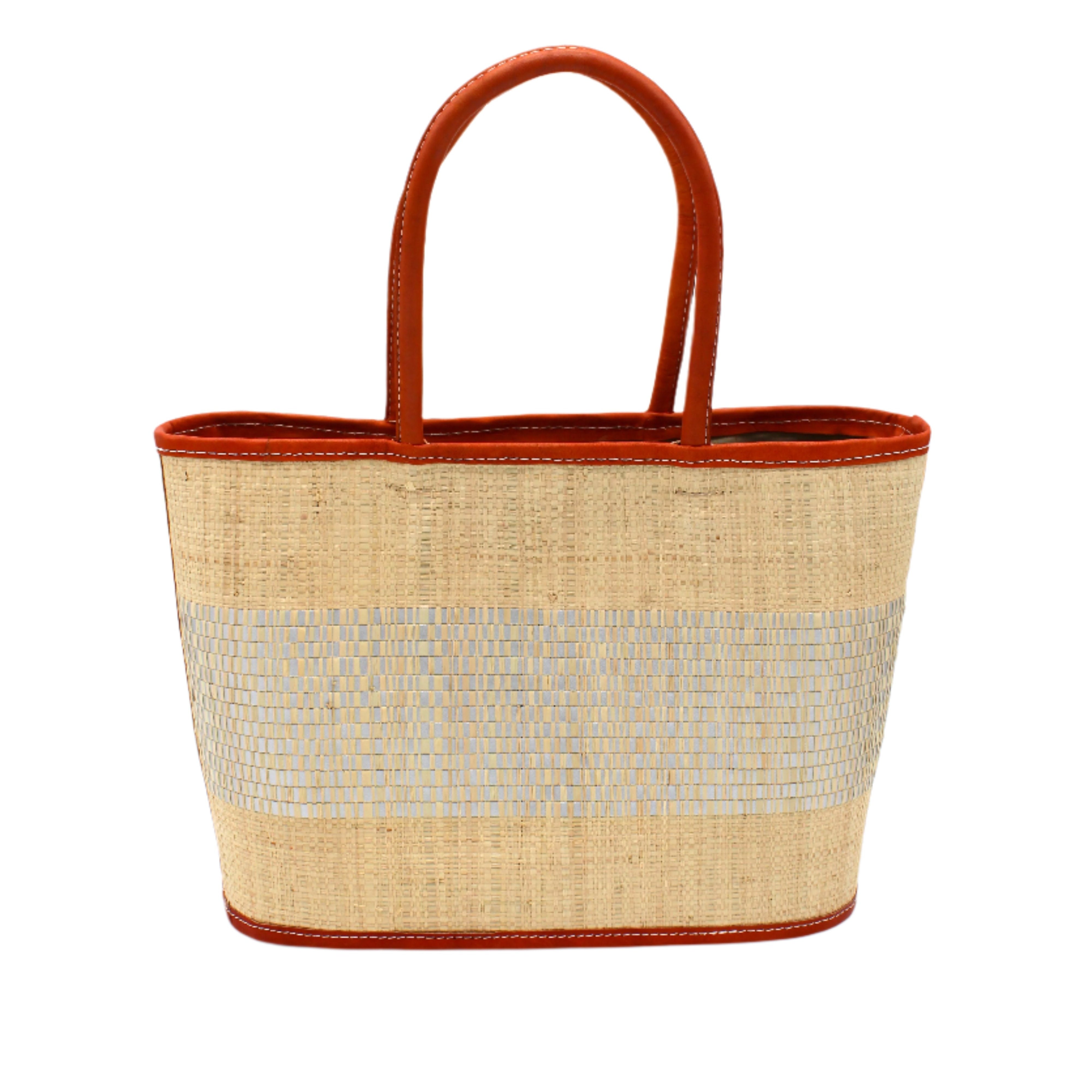 Wynwood Natural Straw Basket Bag Handbag with Metallic Detailing handmade loomed raffia in natural straw color and silver metallic vegan leather in three evenly sized horizontal bands of color with the metallic weave centered on the purse with leather binding and handles - Shebobo