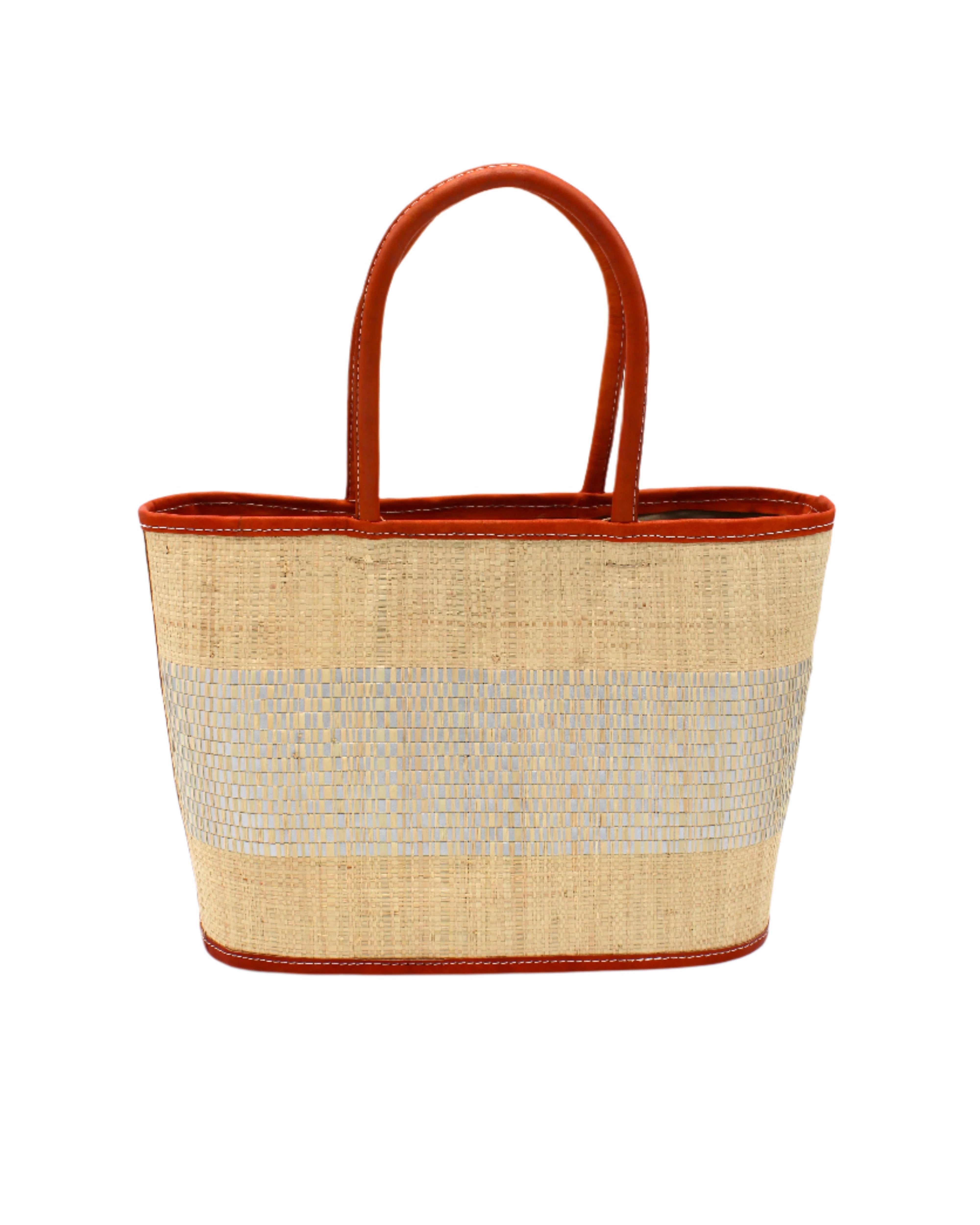 Wynwood Natural Straw Basket Bag Handbag with Metallic Detailing handmade loomed raffia in natural straw color and silver metallic vegan leather in three evenly sized horizontal bands of color with the metallic weave centered on the purse with leather binding and handles - Shebobo