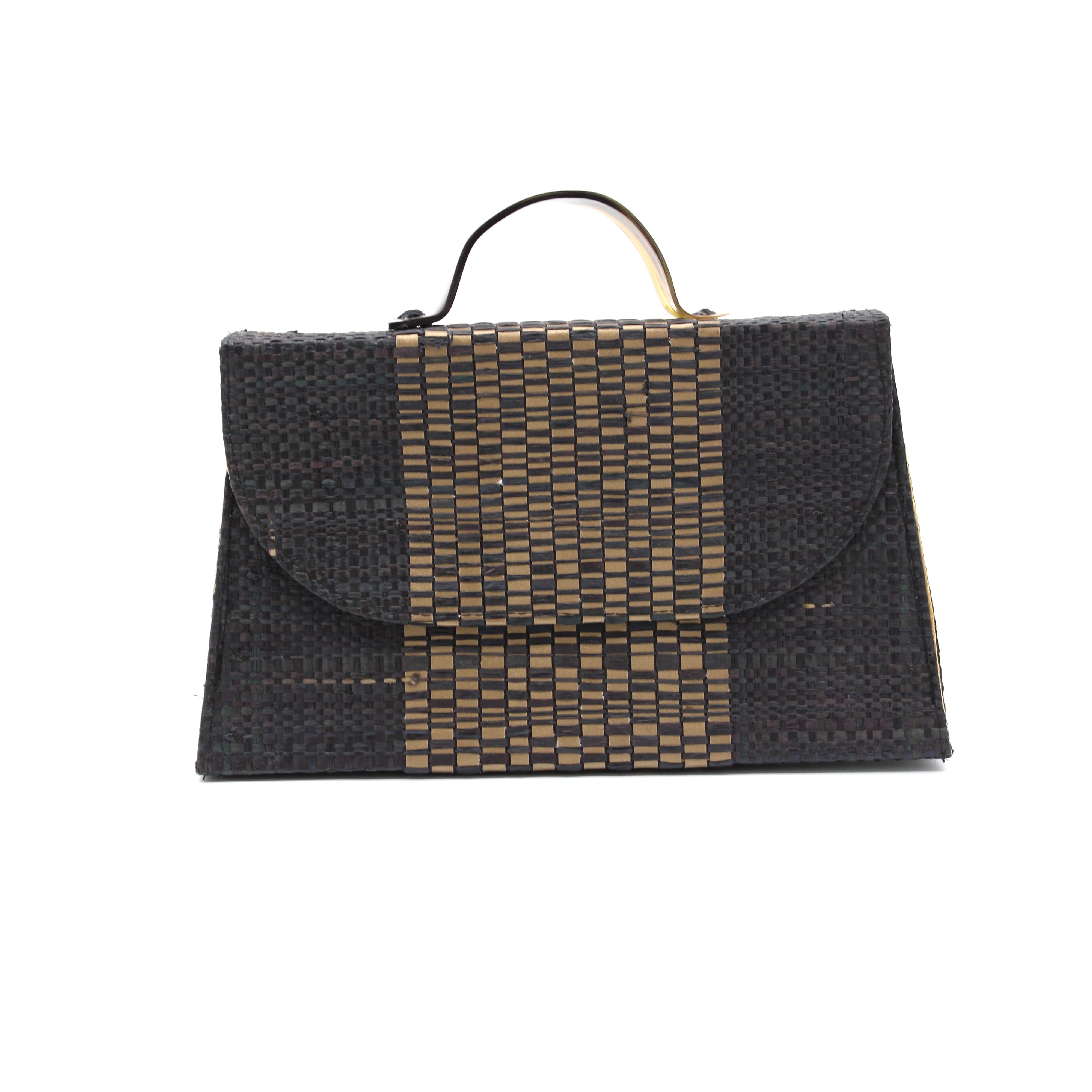 Wynwood black Straw Handbag with Metallic Detailing & Horn Handle handmade loomed raffia in black and silver metallic vegan leather in three vertical bands of color with the metallic weave centered on the purse under the handles - Shebobo