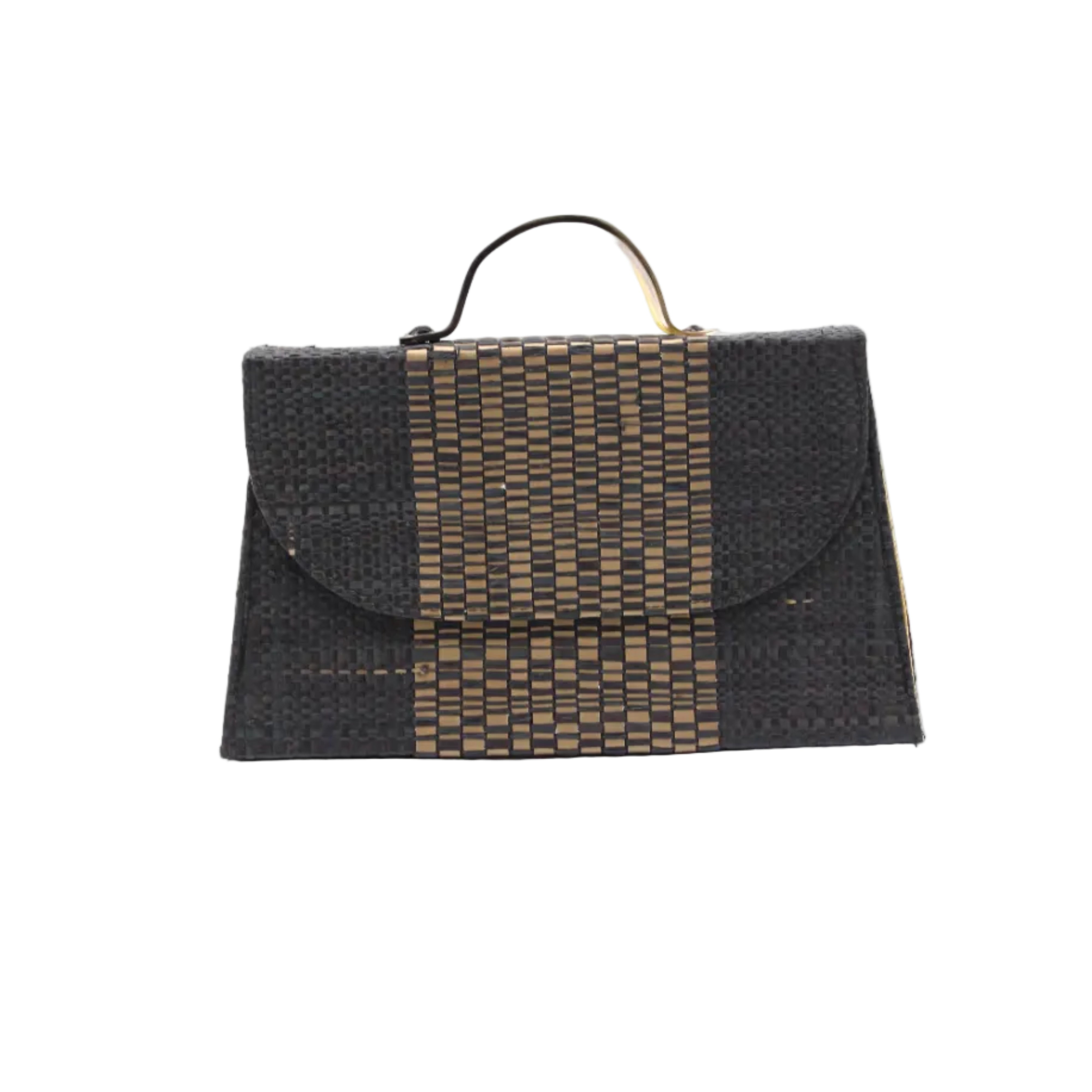 Wynwood black Straw Handbag with Metallic Detailing & Horn Handle handmade loomed raffia in black and silver metallic vegan leather in three vertical bands of color with the metallic weave centered on the purse under the handles - Shebobo