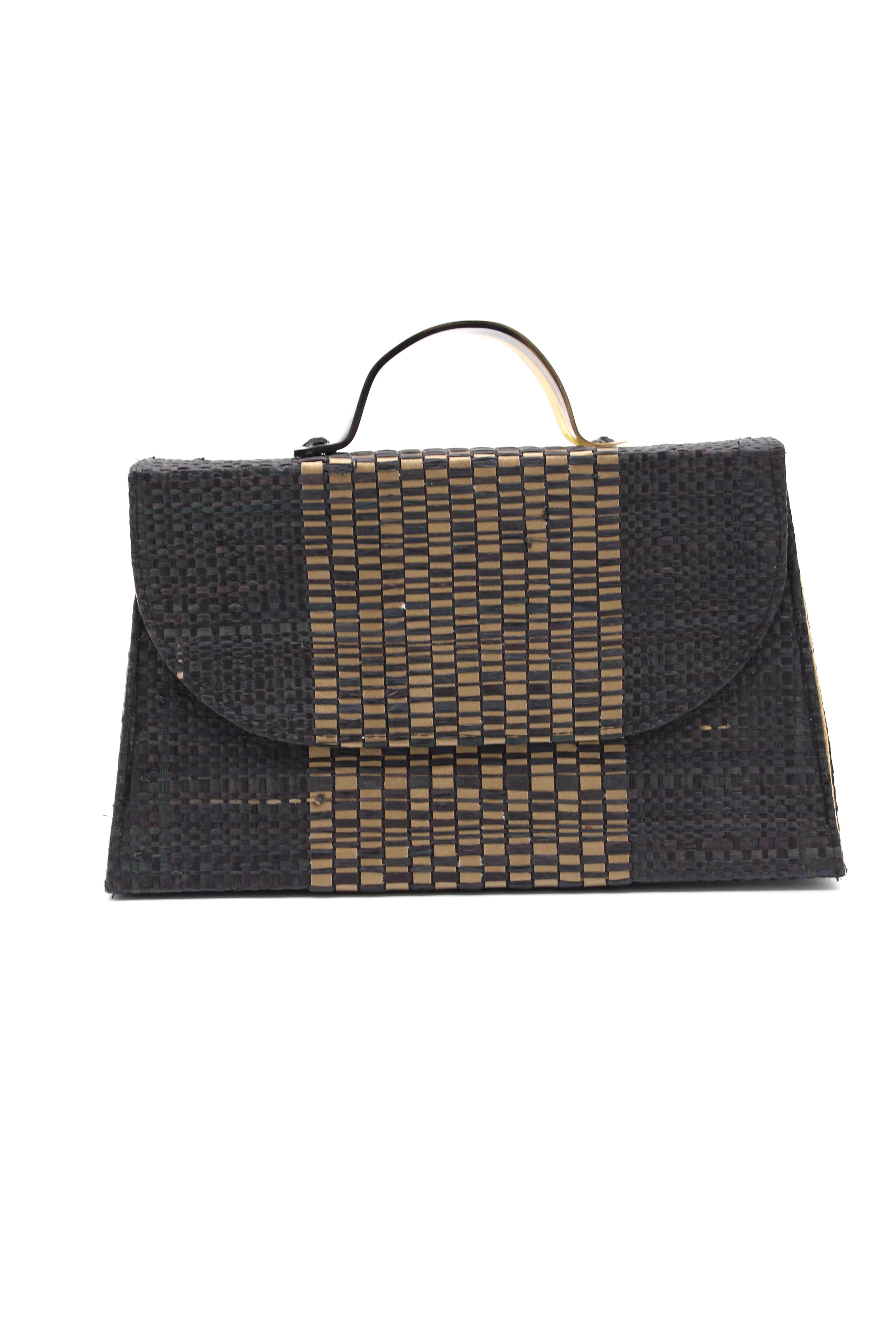 Wynwood black Straw Handbag with Metallic Detailing & Horn Handle handmade loomed raffia in black and silver metallic vegan leather in three vertical bands of color with the metallic weave centered on the purse under the handles - Shebobo