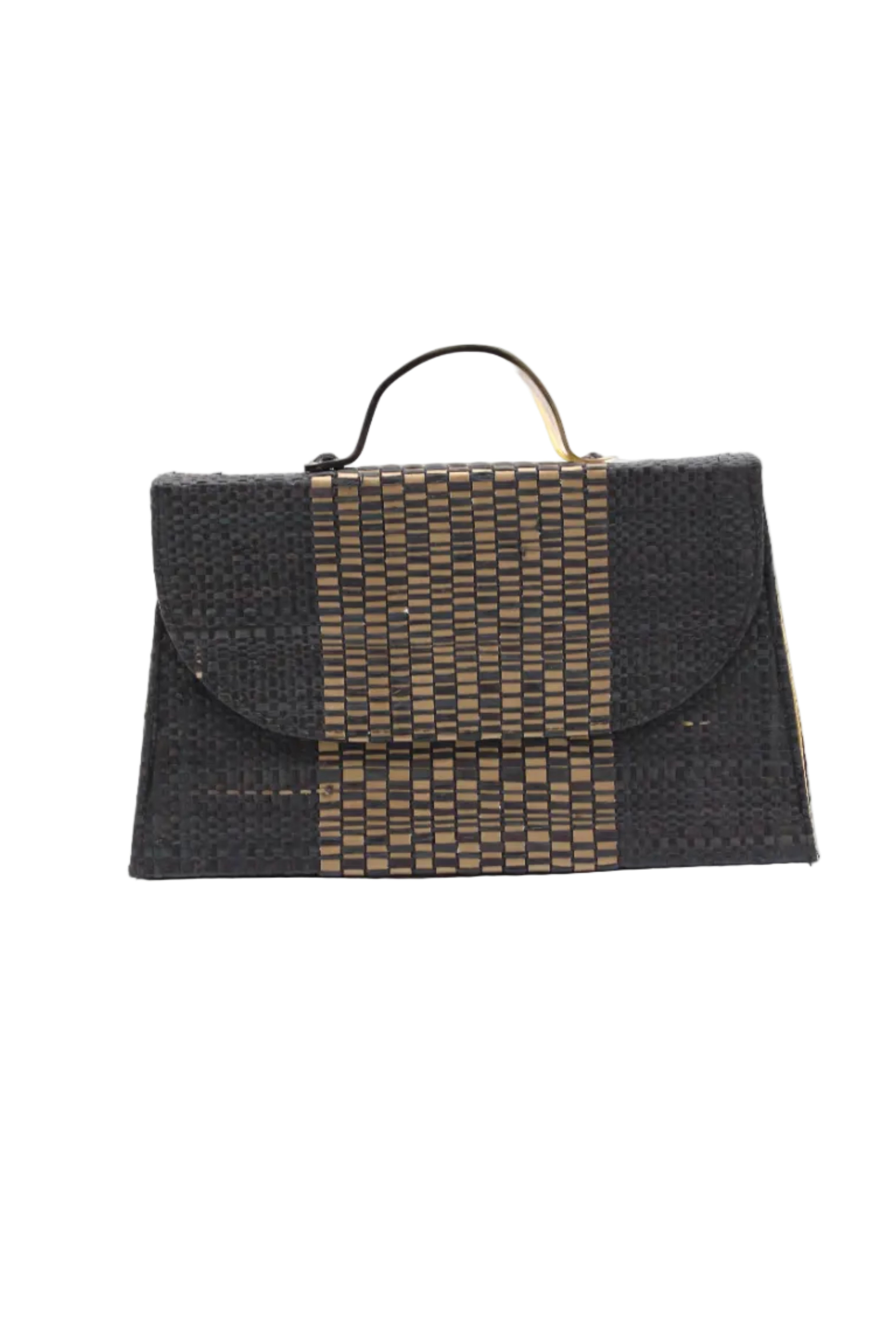 Wynwood black Straw Handbag with Metallic Detailing & Horn Handle handmade loomed raffia in black and silver metallic vegan leather in three vertical bands of color with the metallic weave centered on the purse under the handles - Shebobo