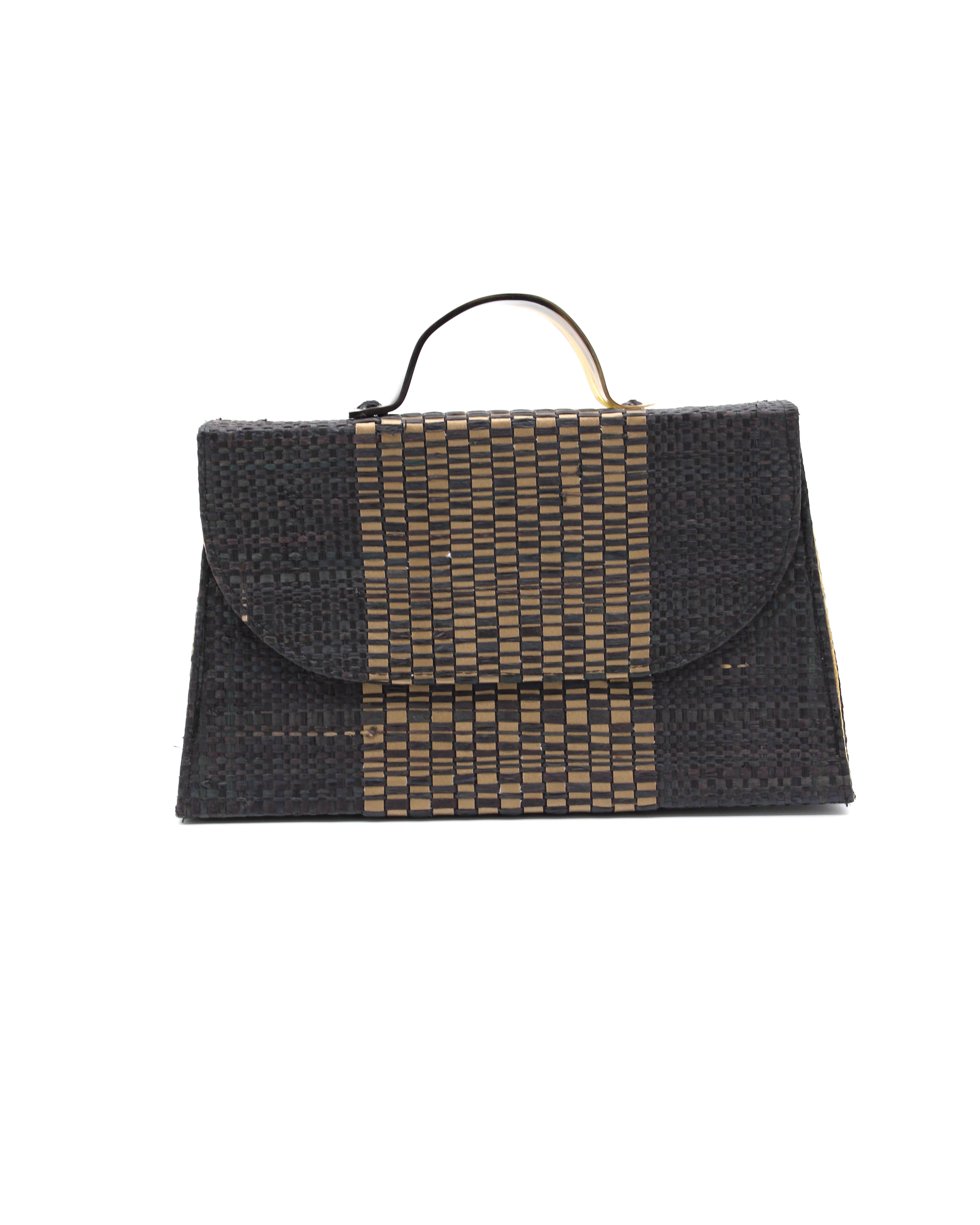 Wynwood black Straw Handbag with Metallic Detailing & Horn Handle handmade loomed raffia in black and silver metallic vegan leather in three vertical bands of color with the metallic weave centered on the purse under the handles - Shebobo