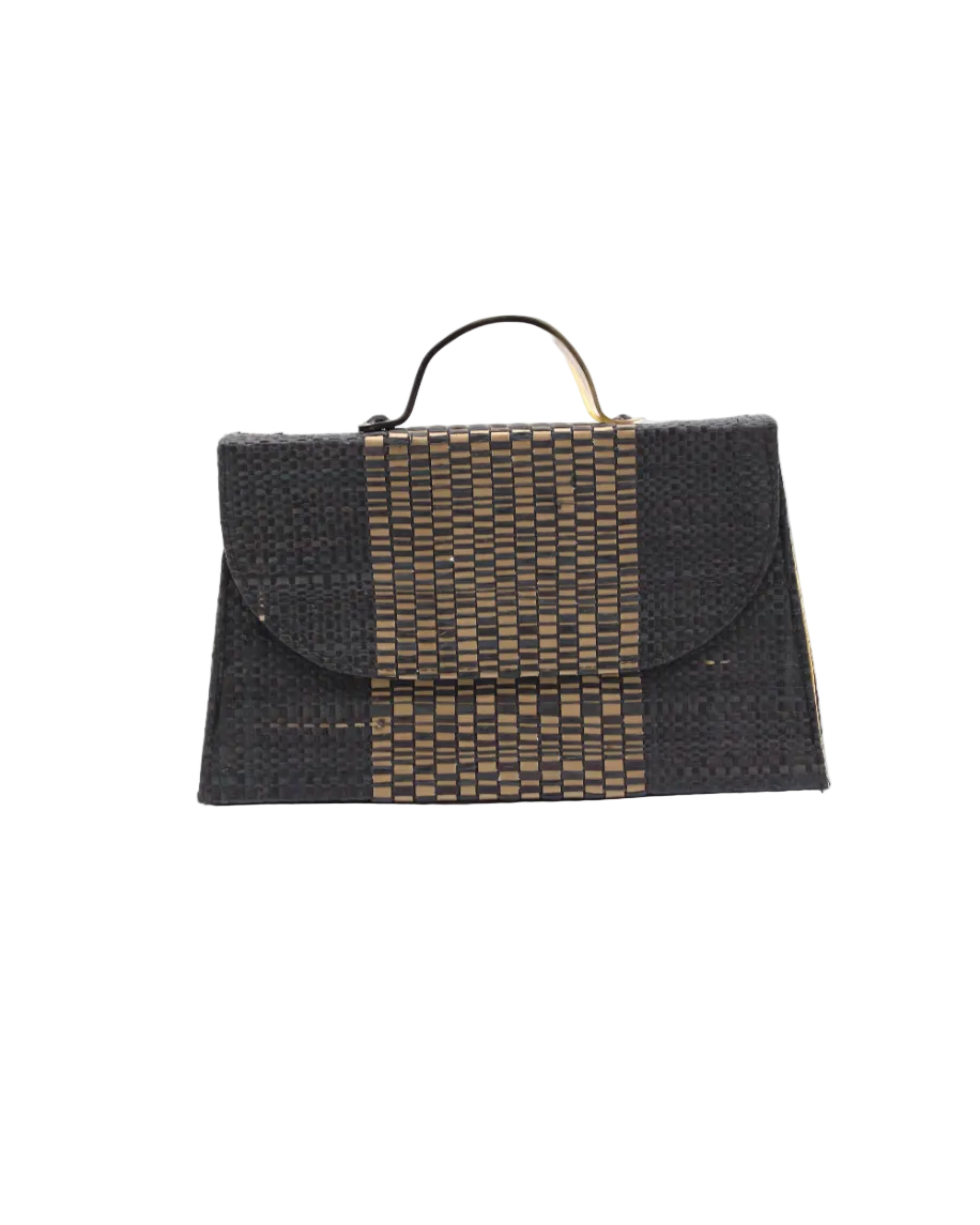 Wynwood black Straw Handbag with Metallic Detailing & Horn Handle handmade loomed raffia in black and silver metallic vegan leather in three vertical bands of color with the metallic weave centered on the purse under the handles - Shebobo