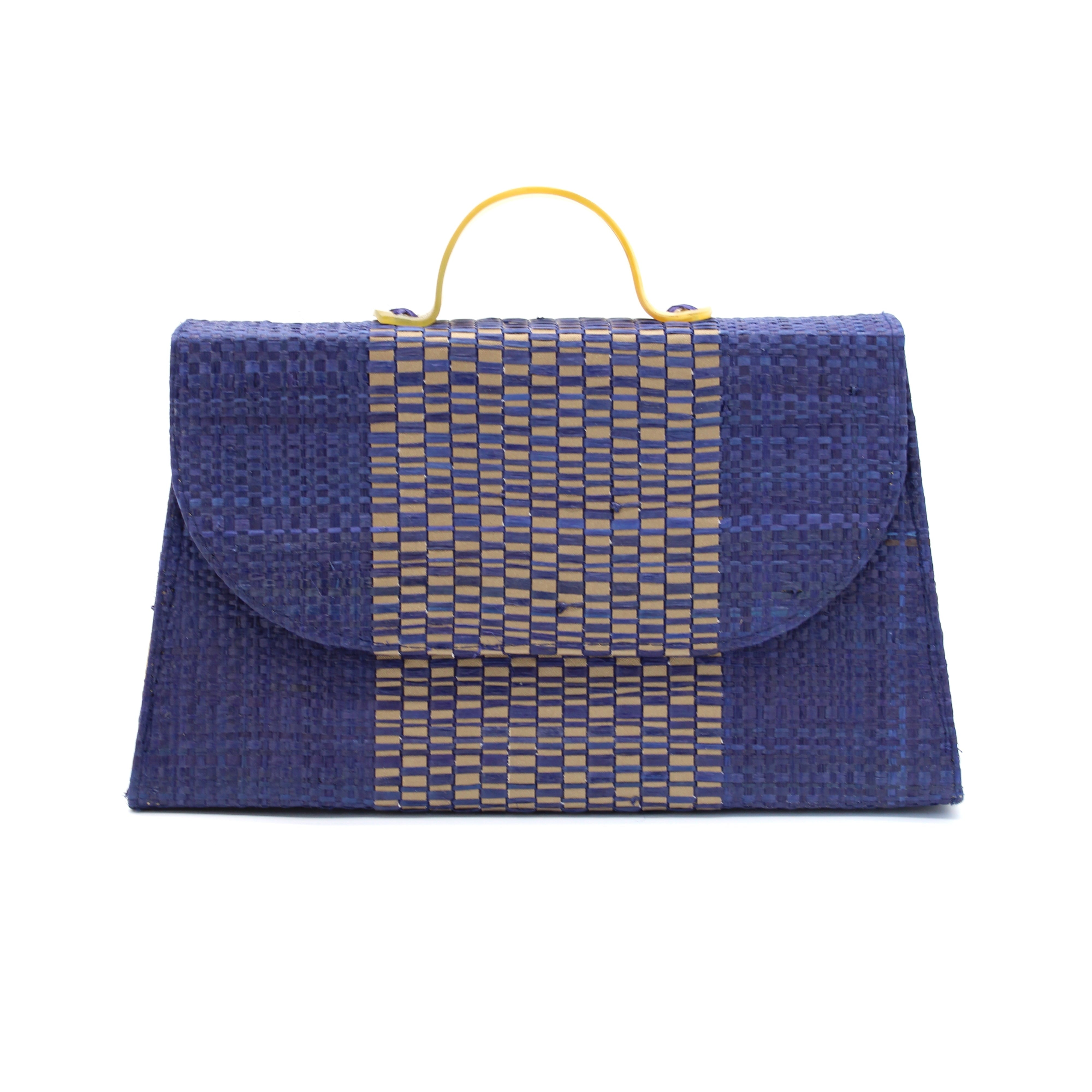 Wynwood Navy Straw Handbag with Metallic Detailing & Horn Handle handmade loomed raffia in navy blue and silver metallic vegan leather in three vertical bands of color with the metallic weave centered on the purse under the handles - Shebobo