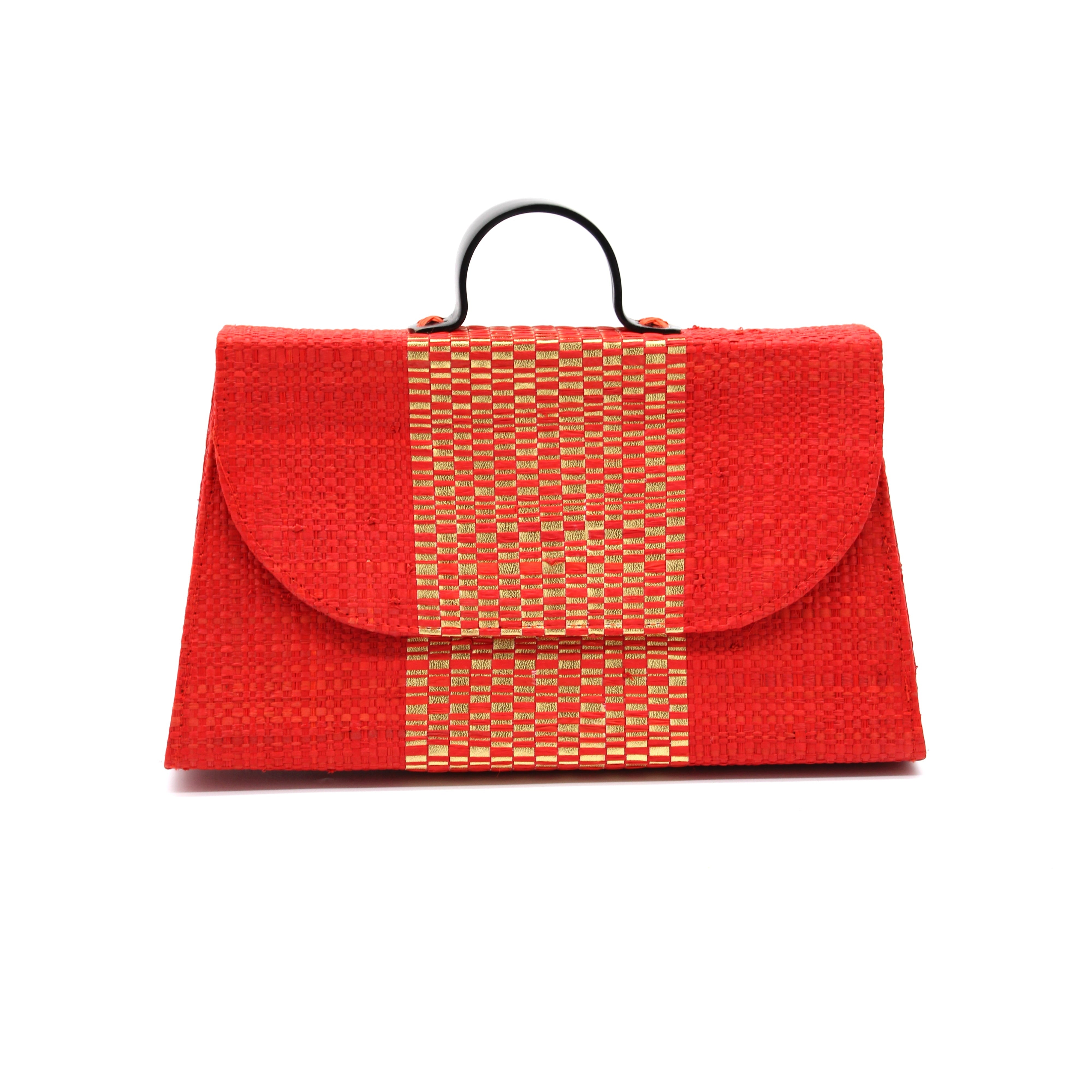 Wynwood Coral Straw Handbag with Metallic Detailing & Horn Handle handmade loomed raffia in coral orange/red and metallic vegan leather in three vertical bands of color with the metallic weave centered on the purse under the handles - Shebobo