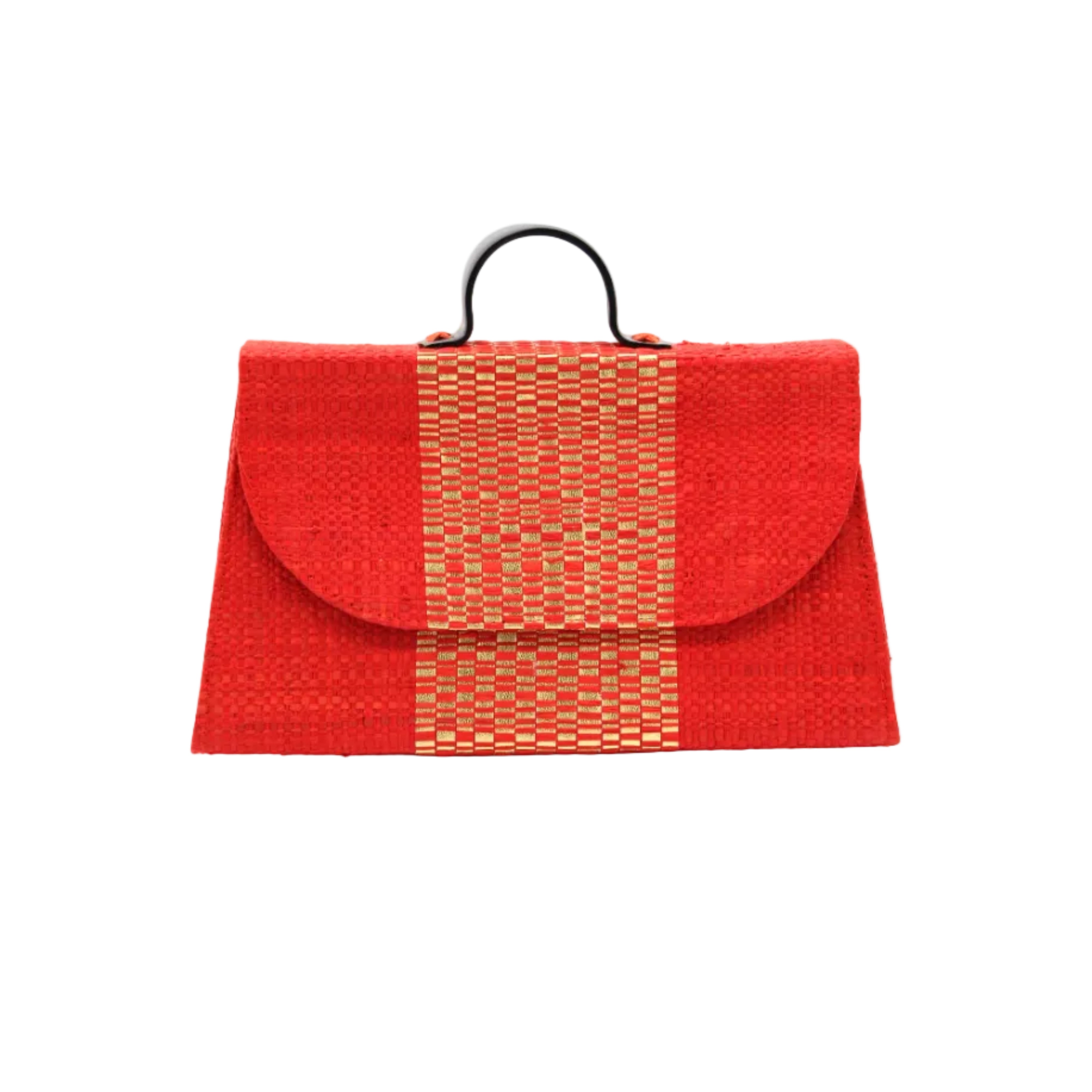 Wynwood Coral Straw Handbag with Metallic Detailing & Horn Handle handmade loomed raffia in coral orange/red and metallic vegan leather in three vertical bands of color with the metallic weave centered on the purse under the handles - Shebobo
