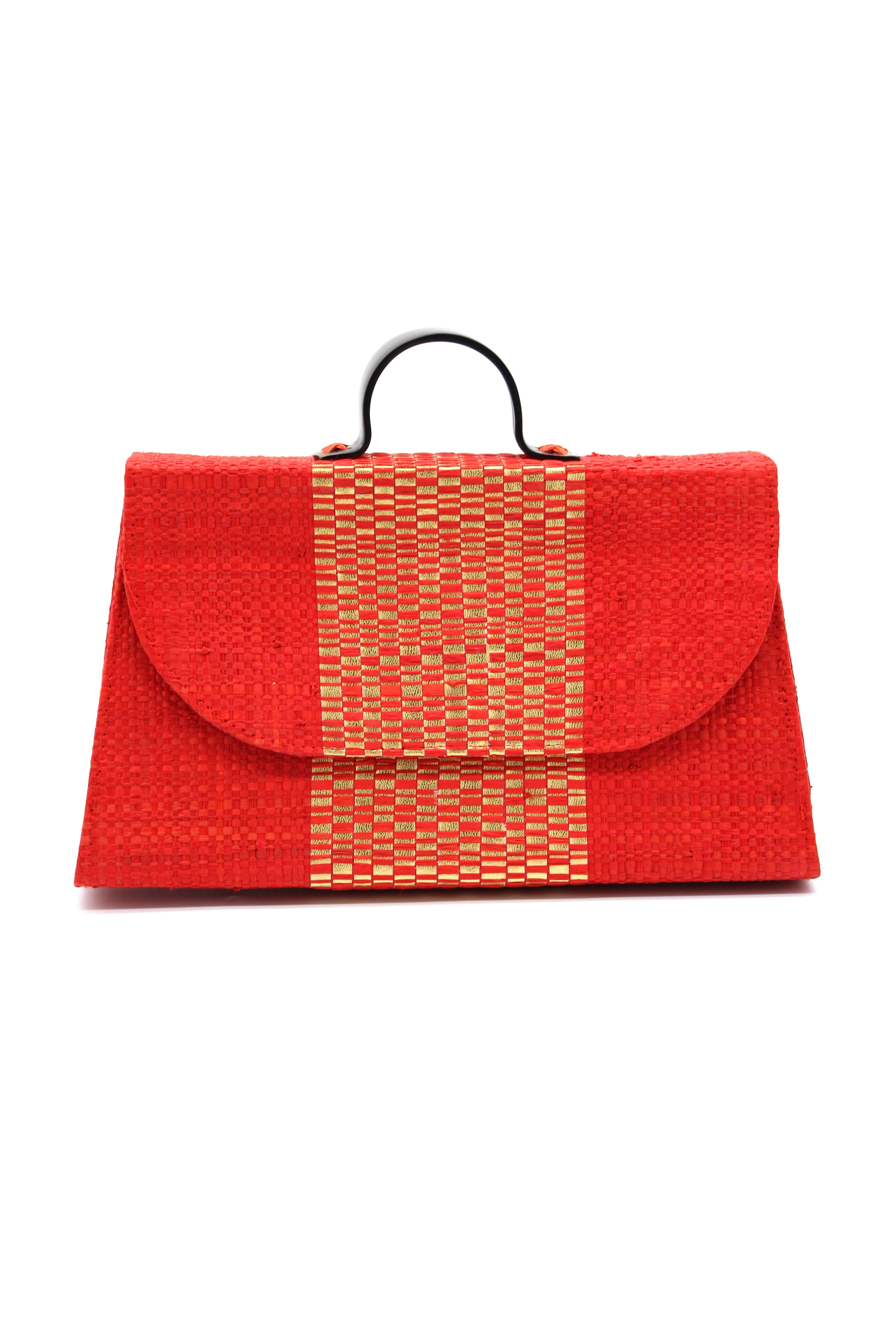 Wynwood Coral Straw Handbag with Metallic Detailing & Horn Handle handmade loomed raffia in coral orange/red and metallic vegan leather in three vertical bands of color with the metallic weave centered on the purse under the handles - Shebobo