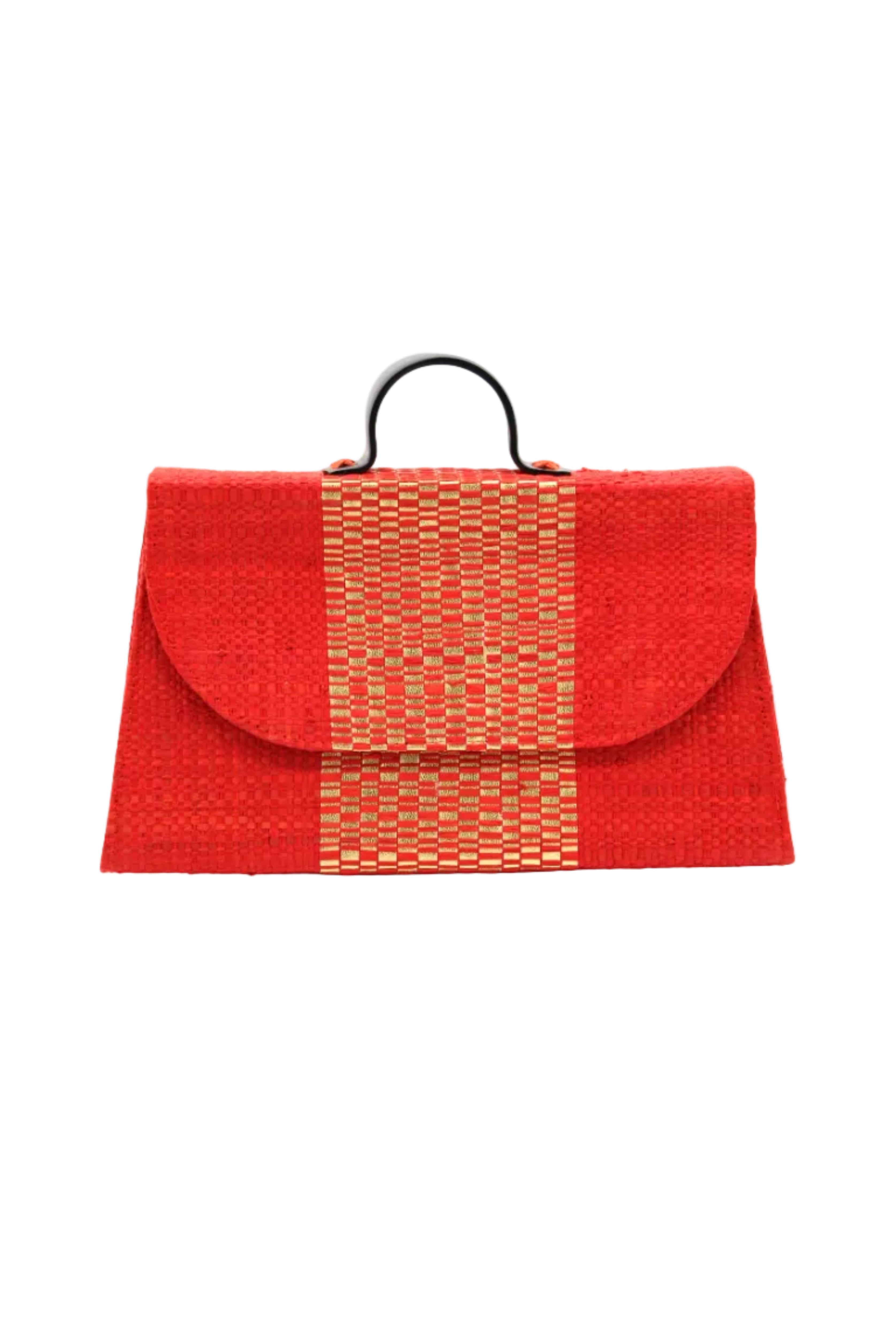 Wynwood Coral Straw Handbag with Metallic Detailing & Horn Handle handmade loomed raffia in coral orange/red and metallic vegan leather in three vertical bands of color with the metallic weave centered on the purse under the handles - Shebobo