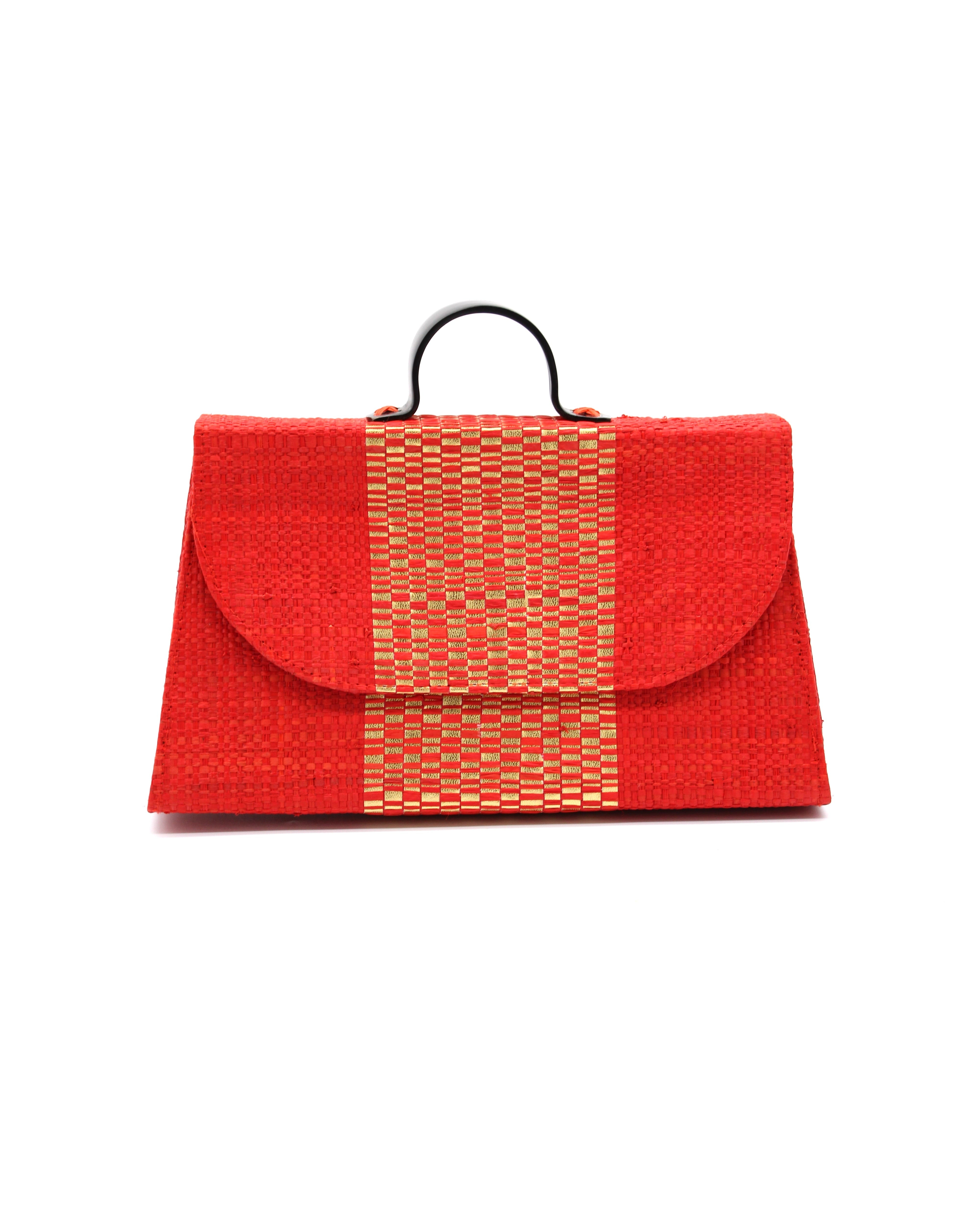 Wynwood Coral Straw Handbag with Metallic Detailing & Horn Handle handmade loomed raffia in coral orange/red and metallic vegan leather in three vertical bands of color with the metallic weave centered on the purse under the handles - Shebobo