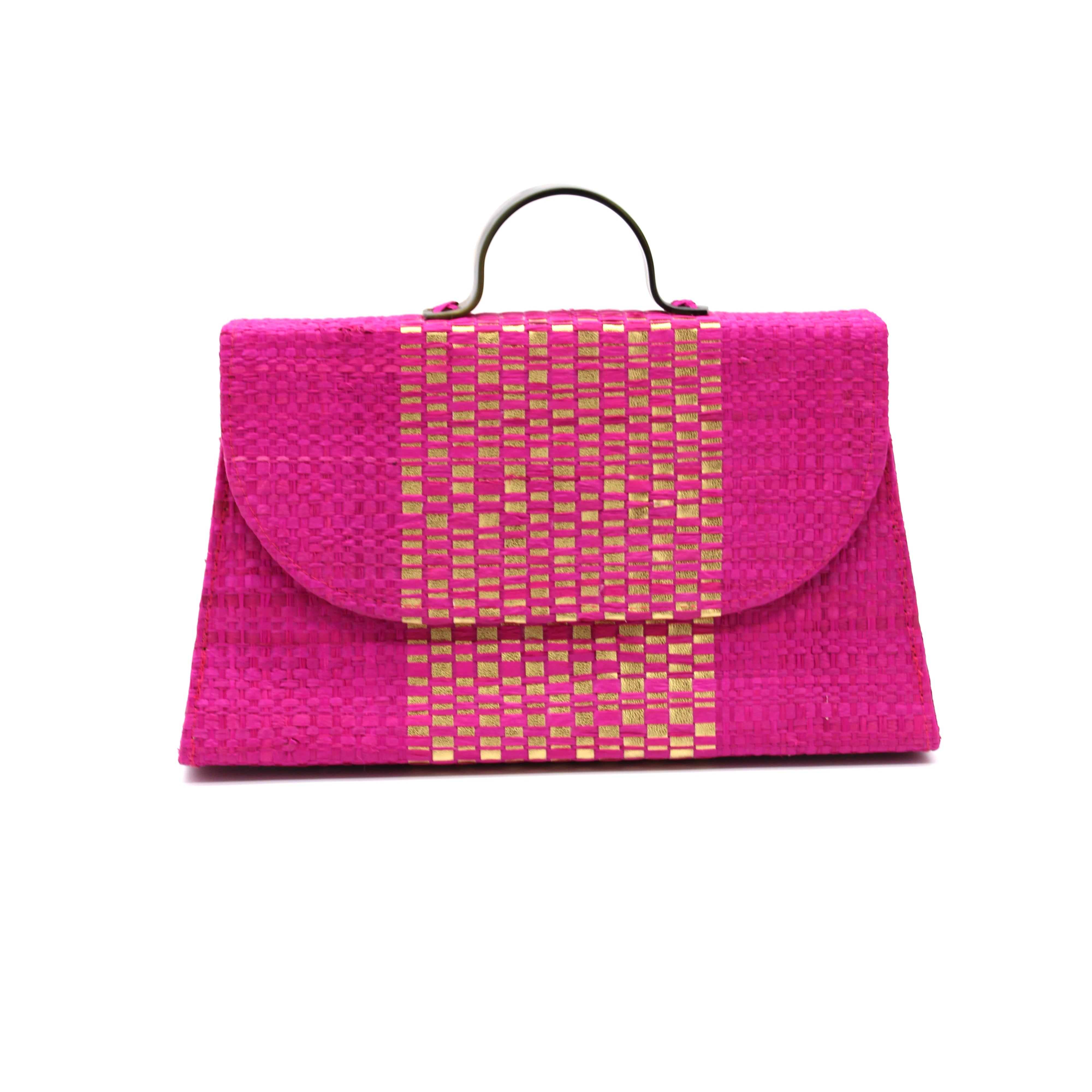 Wynwood Fuchsia Straw Handbag with Metallic Detailing & Horn Handle handmade loomed raffia in fuchsia pink and silver metallic vegan leather in three vertical bands of color with the metallic weave centered on the purse under the handles - Shebobo