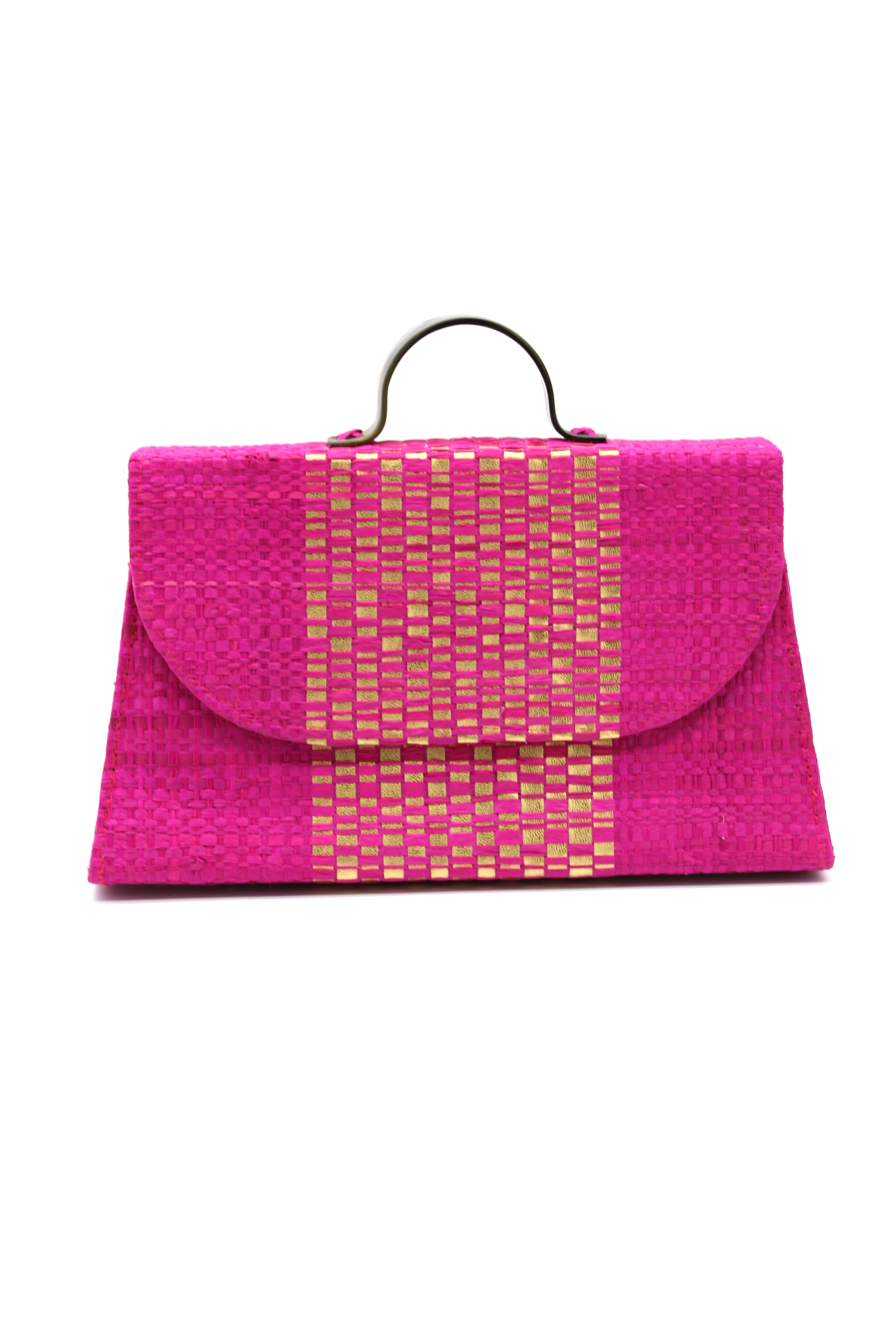 Wynwood Fuchsia Straw Handbag with Metallic Detailing & Horn Handle handmade loomed raffia in fuchsia pink and silver metallic vegan leather in three vertical bands of color with the metallic weave centered on the purse under the handles - Shebobo