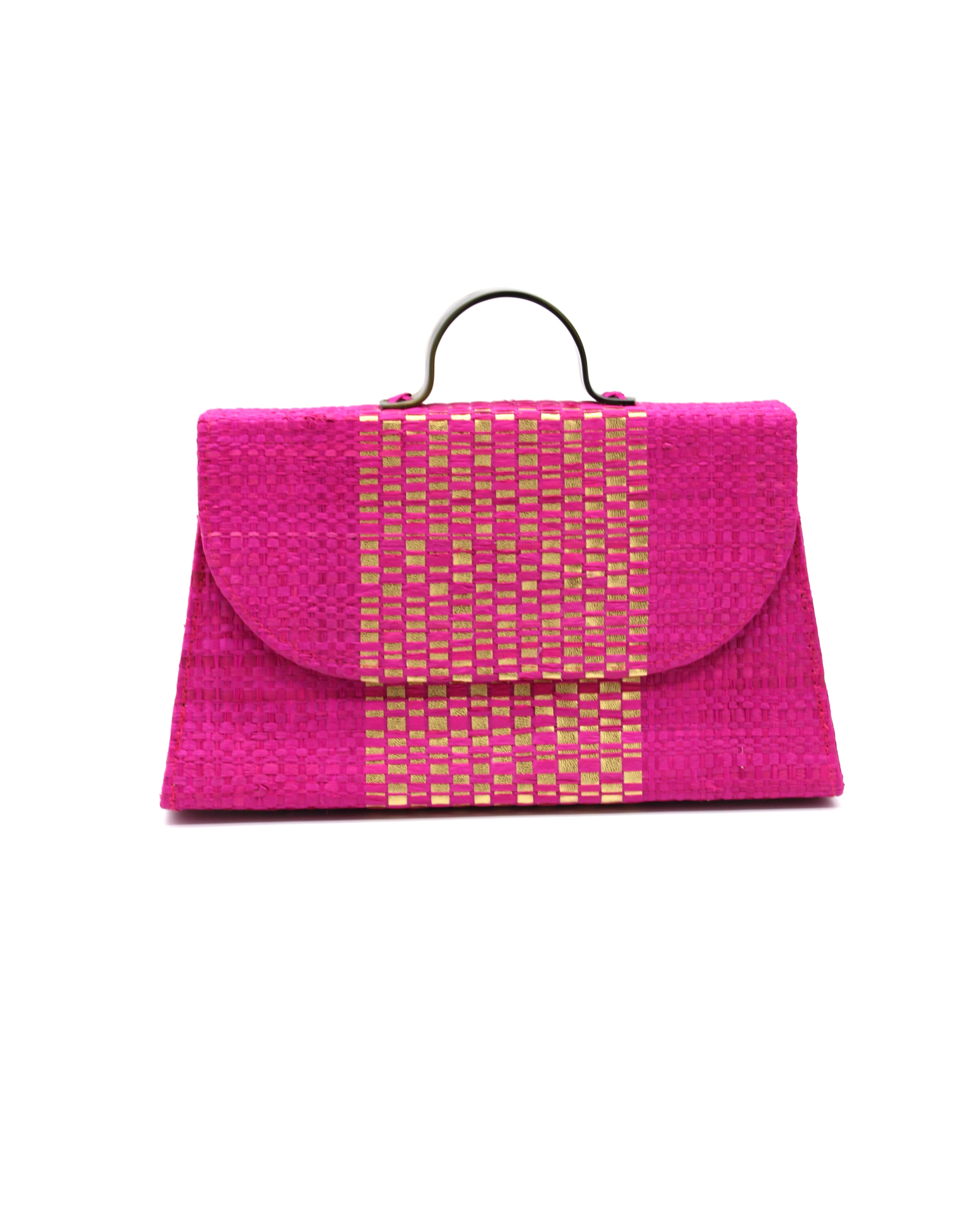 Wynwood Fuchsia Straw Handbag with Metallic Detailing & Horn Handle handmade loomed raffia in fuchsia pink and silver metallic vegan leather in three vertical bands of color with the metallic weave centered on the purse under the handles - Shebobo